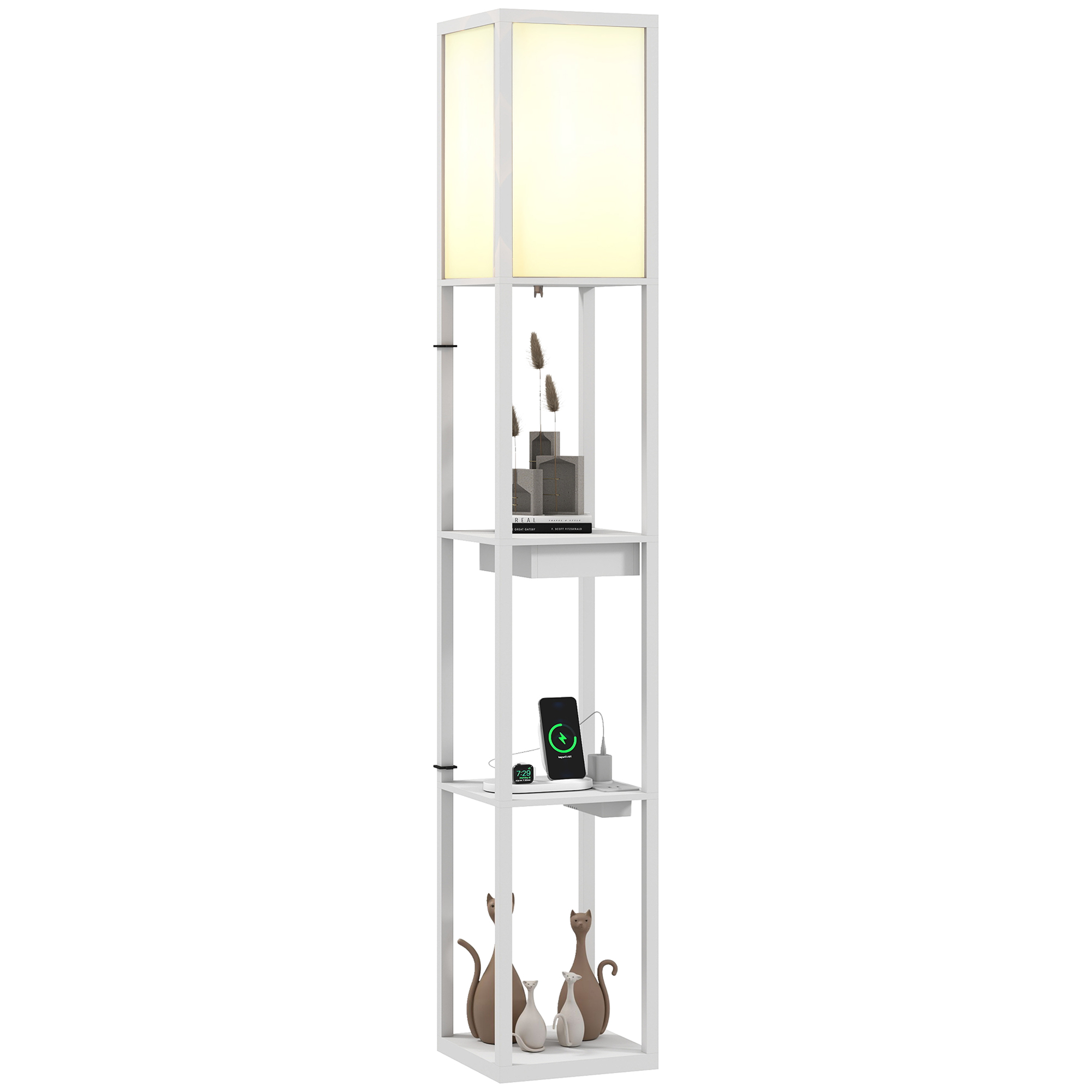 Stehlampe Mit 3-stufigem Regal, Fußschalter, Usb-anschlüssen, Mdf, Weiß