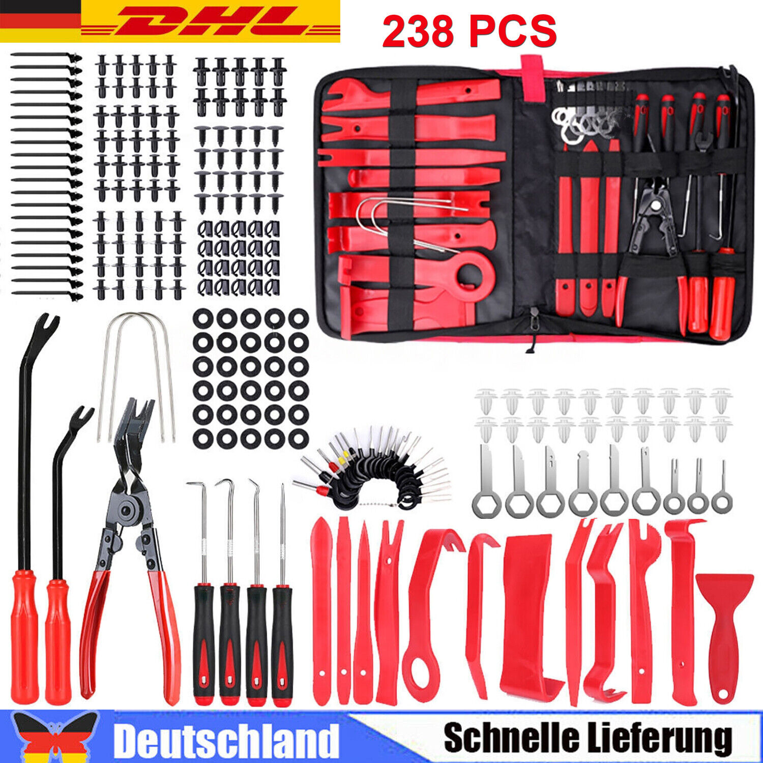 238 X Auto Demontage Werkzeug Innen Verkleidung Montagehebel Clipheber Zange Set