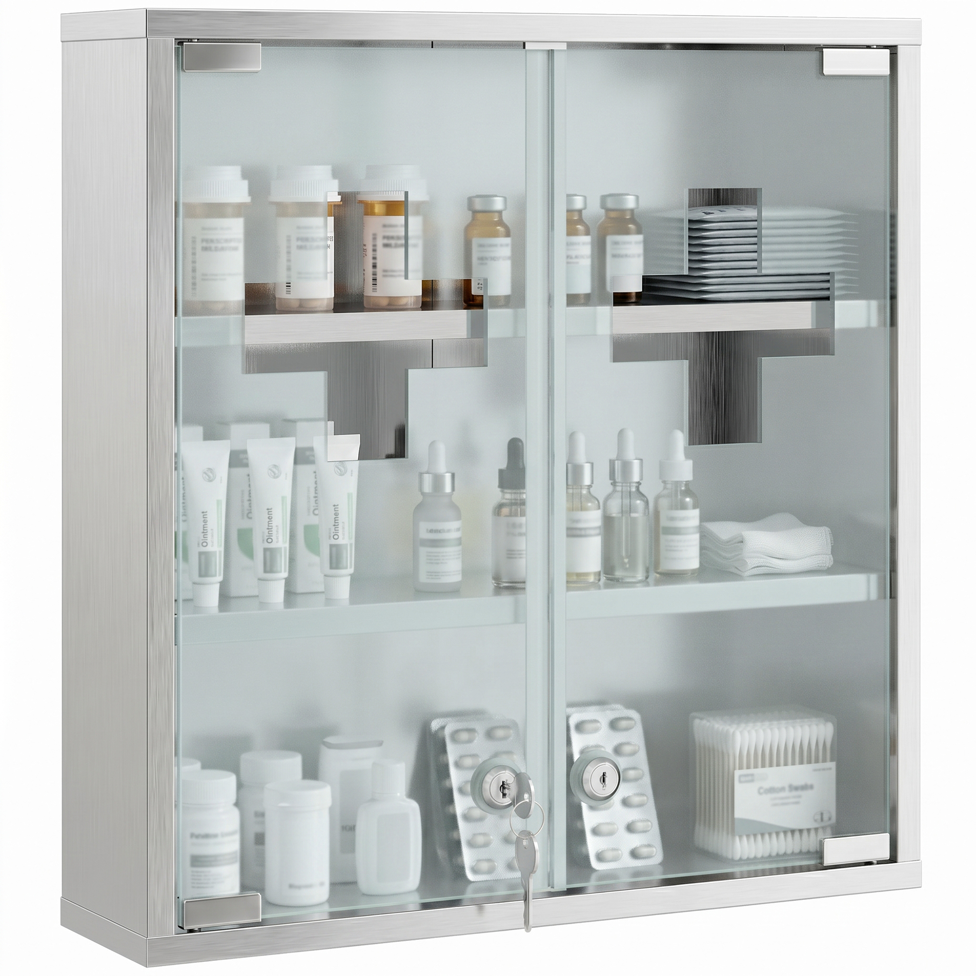 Medizinschrank, Abschließbarer Medikamentenschrank Mit 2 Schlüsseln, Glastür Und 6 Regalen, 48 X 46 X 12 Cm, Silber