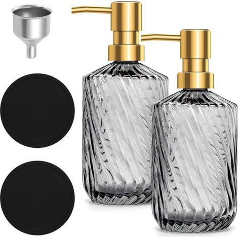 Set Mit 2 Glas-seifenspendern (450 Ml), Inklusive 2 Schwarzen Untersetzern Und 1 Trichter – Nachfüllbarer Seifenspender Für Küche Und Bad, Grau
