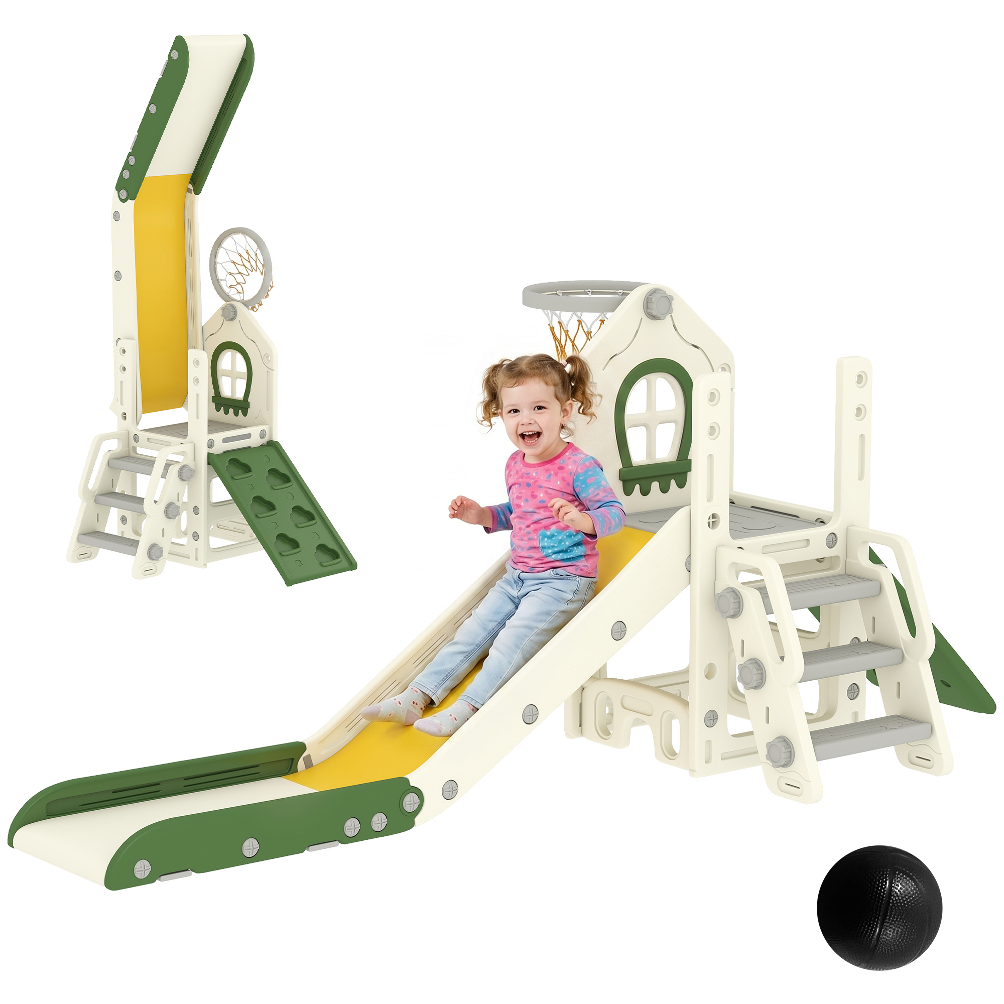 Faltbare 5-in-1 Kleinkinderrutsche Mit Kletterelement, Basketballkorb, Stauraum Und Basketball Für Kinder Von 1-3 Jahren, Cremeweiß