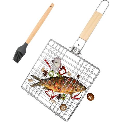 Fischkorb Aus Edelstahl Für Den Grill, Faltbar Und Ideal Zum Braten Von Fisch. Fischständer Mit Klappbarem Holzgriff Und Silikonbürste Für Gemüse, Steaks Und Garnelen.