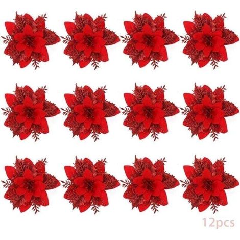 Weihnachtsblumen, 12 Glitzer-weihnachtsblumen, Hohlglitzer-weihnachtsblumen, Künstliche Weihnachtssternblumen, Weihnachtsschmuck, Dekoration, Weihnachten (rot-b)