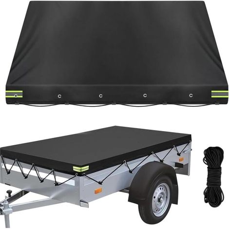Anhängerplane 214 X 122 X 13 Cm, 600d Oxford-flachplane Mit 8 M Seil, Verstärkte Abdeckung Für Autotransportanhänger Bis 750 Kg, Wasserdicht, Winddicht, Reißfest, Schwarz