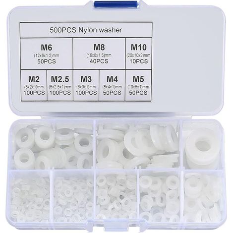 500 Stück Weiße Nylon-unterlegscheiben, Sortiment Flacher Kunststoff-unterlegscheiben Für Sanitär-, Armaturen- Und Mechanische Reparaturen, Größen M2, M25, M3, M4, M5, M6, M8, M10