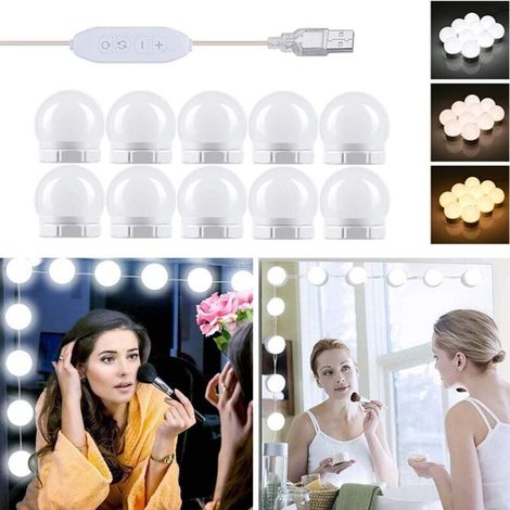 Hollywood-style Led-spiegelleuchte Mit 10 Leds, Versteckten Kabeln, 3 Farben Und 10 Helligkeitsstufen, Usb-spiegelleuchte Für Schminktische, Selbstklebende Led-kugel Für Make-up