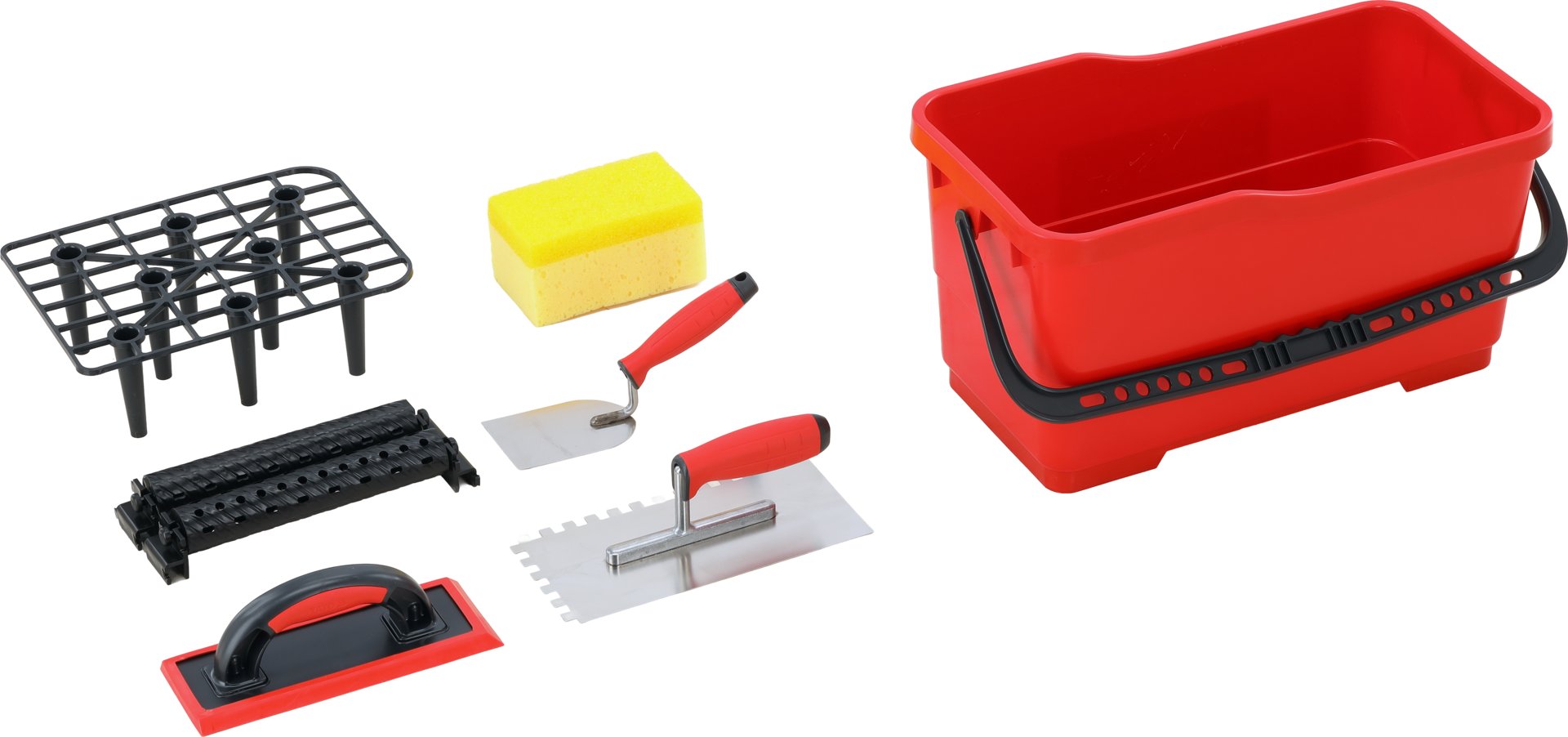 Fliesenleger-set Eimer, Abstreifgitter, Kelle, Zahnglätter, Fugbrett