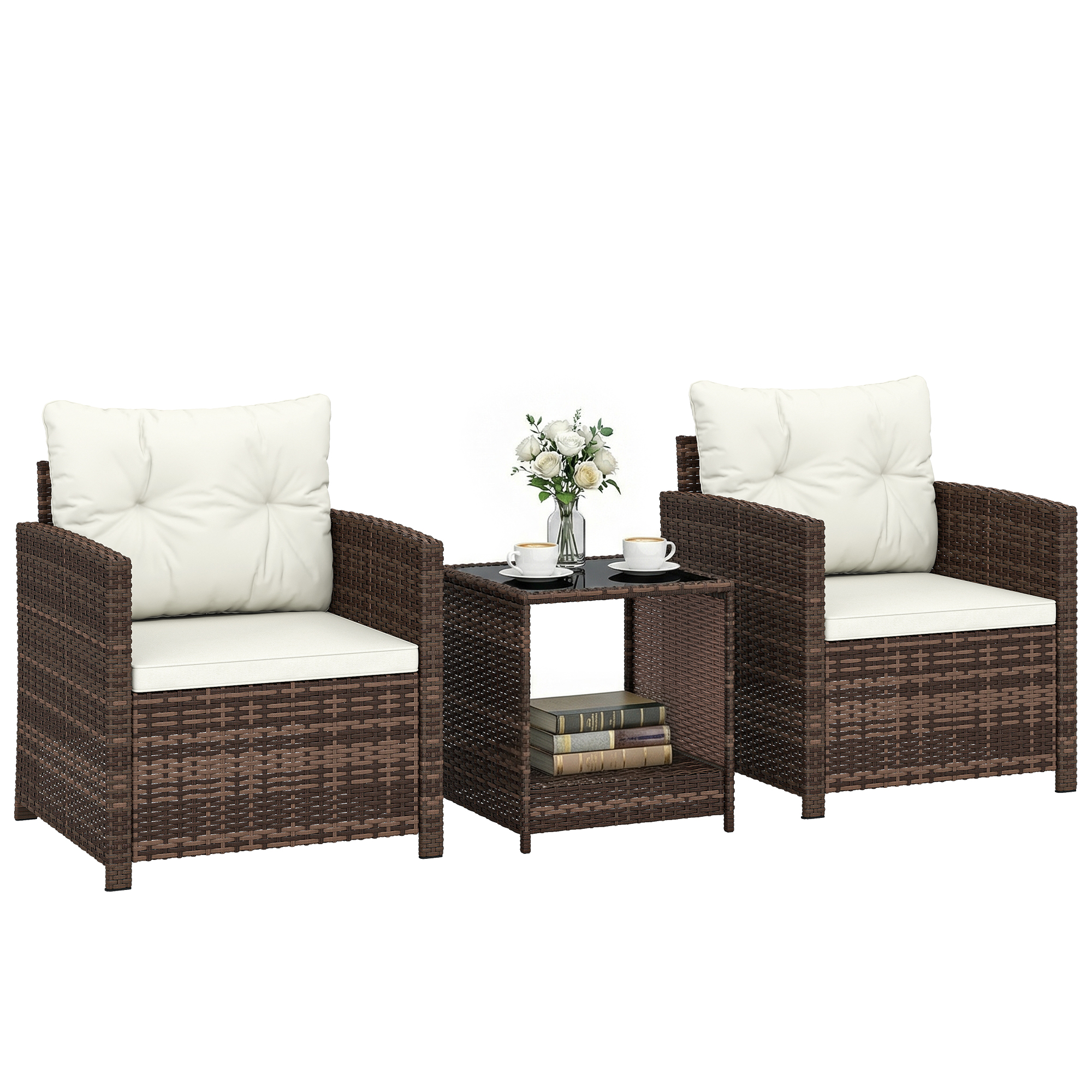 Bistro-set Aus Rattan, 3-teiliges Gartenmöbelset Bestehend Aus 2 Sesseln, Einem 2-stöckigen Glastisch, Abnehmbaren Sitzkissen, Cremeweiß