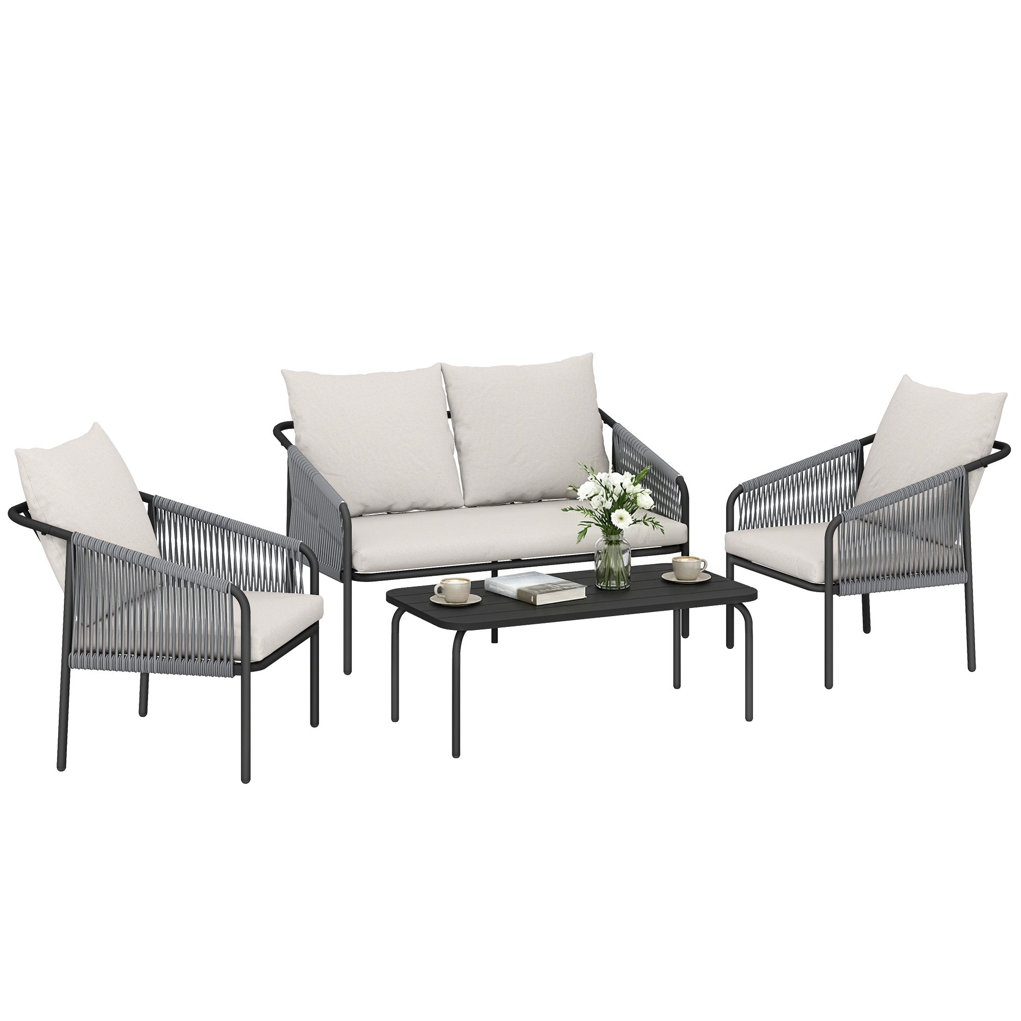 4-teiliges Rattan-gartenmöbelset Mit Sofa, Sesseln Und Tisch, Khaki