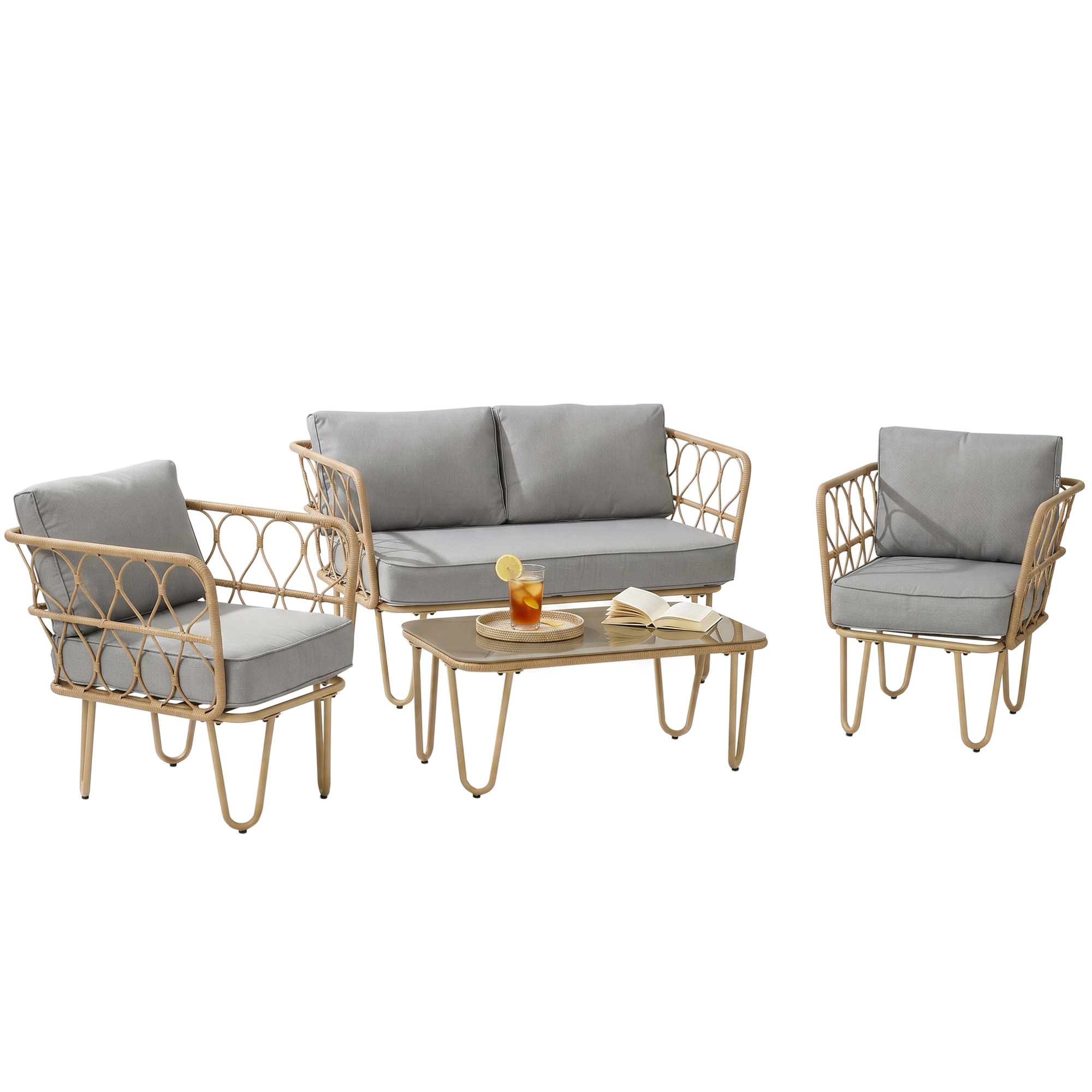 Gartenmöbelset Aus Böhmischem Rattan, Bestehend Aus 2-sitzer-sofa, 2 Sesseln Und Einem Couchtisch Aus Glas.