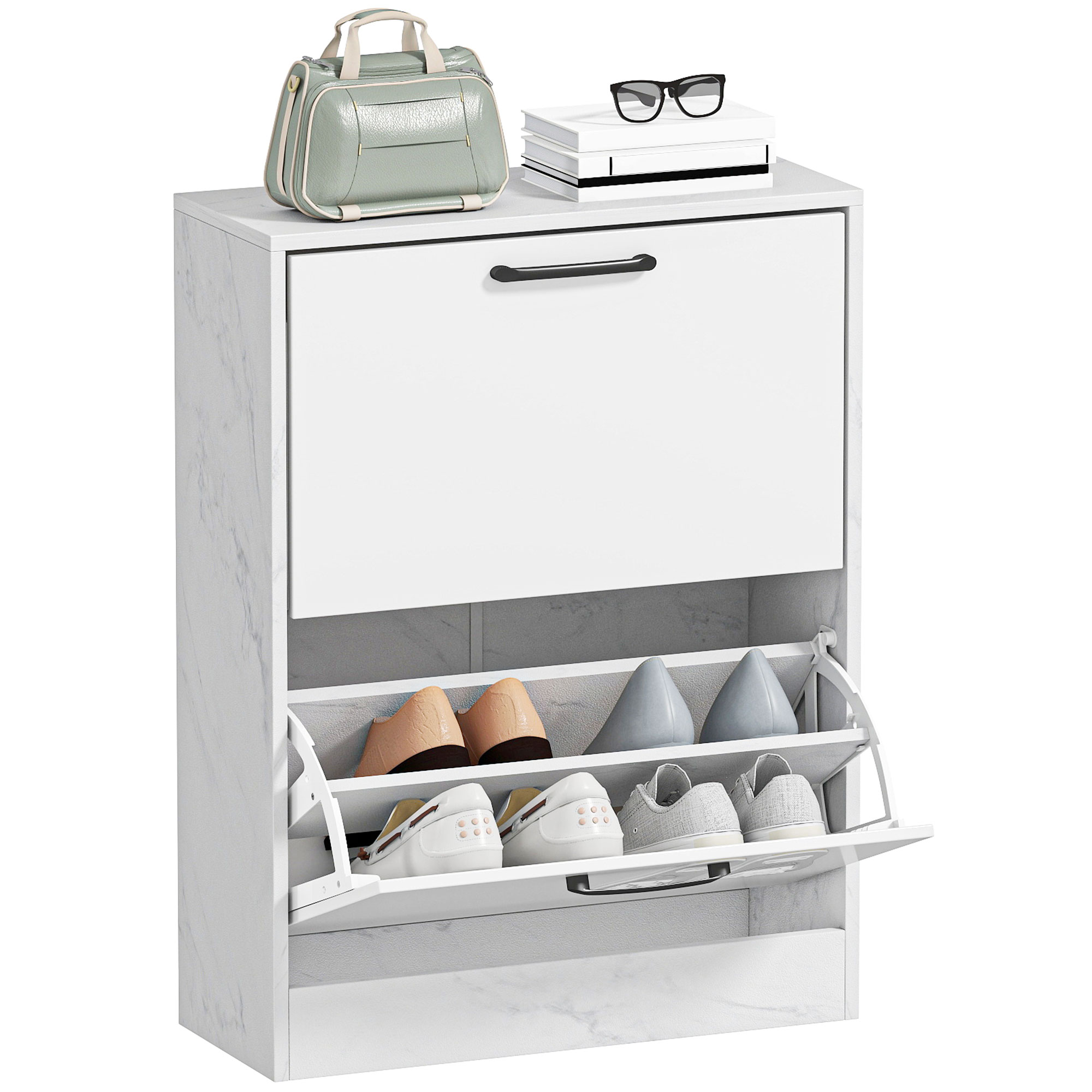 Schmaler Schuhschrank Mit 2 Lackierten Türen, Verstellbaren Einlegeböden, Marmoroptik, Für 8 Paar Schuhe, 60 X 24 X 80 Cm, Weiß