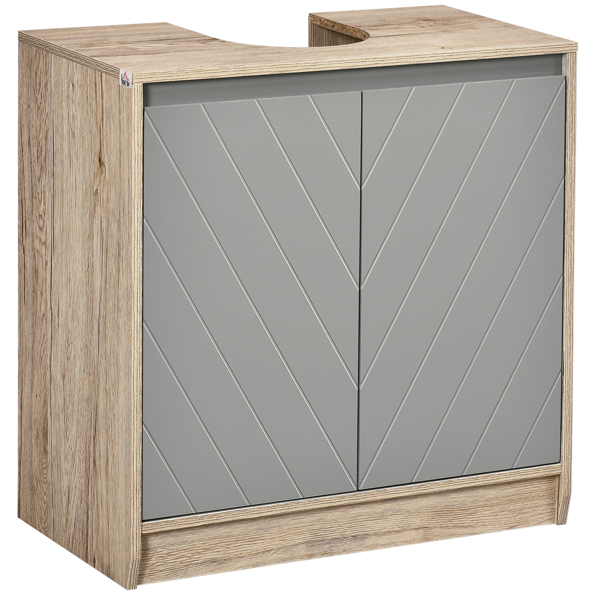 Badezimmerschrank, Freistehend, Mit Doppeltür Und Verstellbarem Einlegeboden, 60 X 30 X 59,8 Cm, Eiche Und Grau