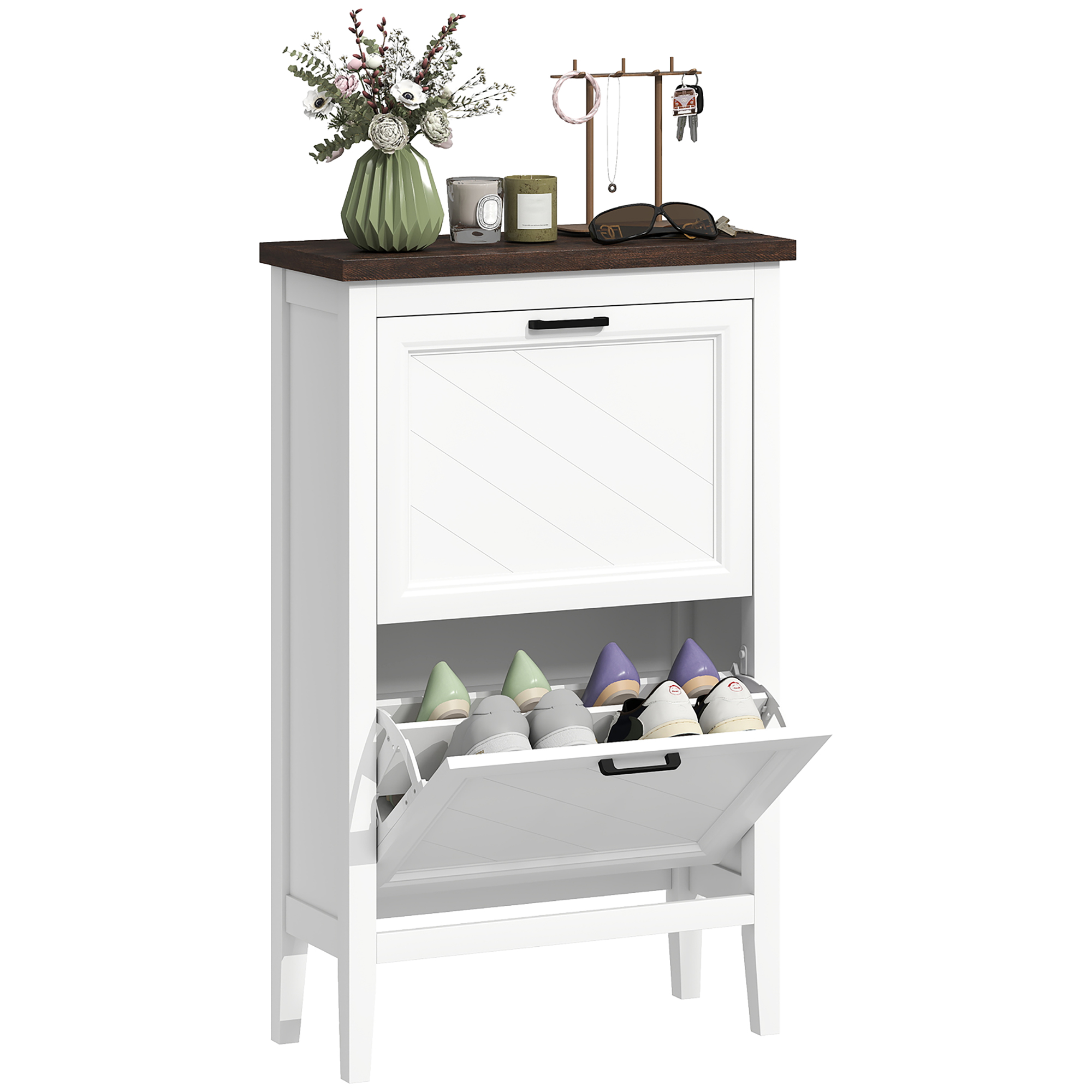 Scarpiera Country Mit 2 Cassetti Ribalta, Ripiani Regolabili, Design Bianco.