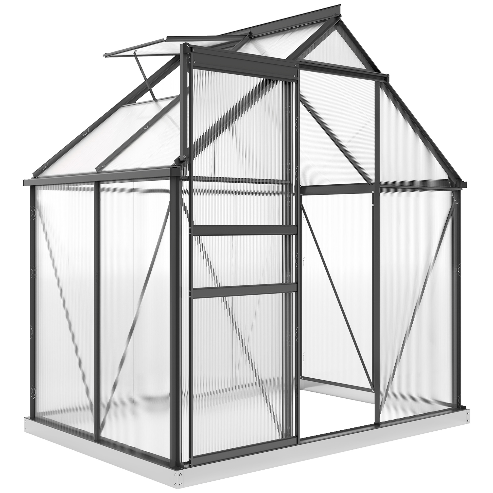 Gewächshaus Aus Polycarbonat Und Aluminium Mit Drehtür Und Dachfenster, 192,5 X 131 X 200 Cm, Grau