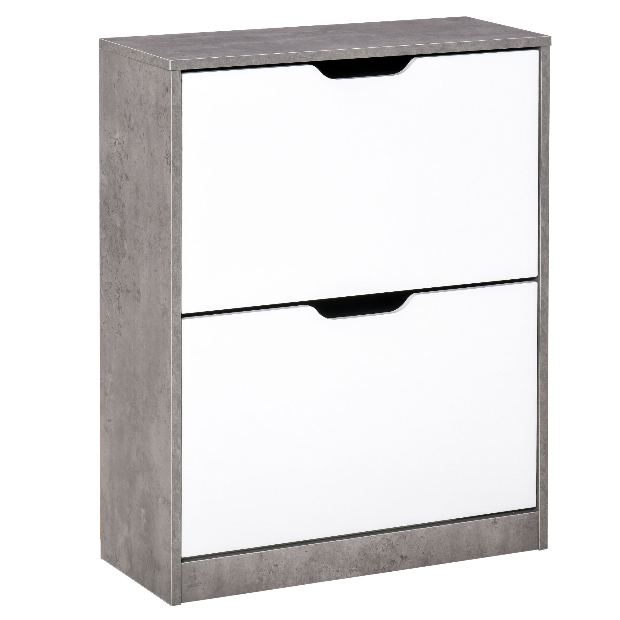Schlankes Und Platzsparendes Schuhregal Mit Zwei Klapptüren, Eingangsregal Mit Verstellbaren Einlegeböden, Schuhablage Für 8 Paar Schuhe Mit Eingelassenem Griff, 62,5 X 26 X 81 Cm, Zementgrau