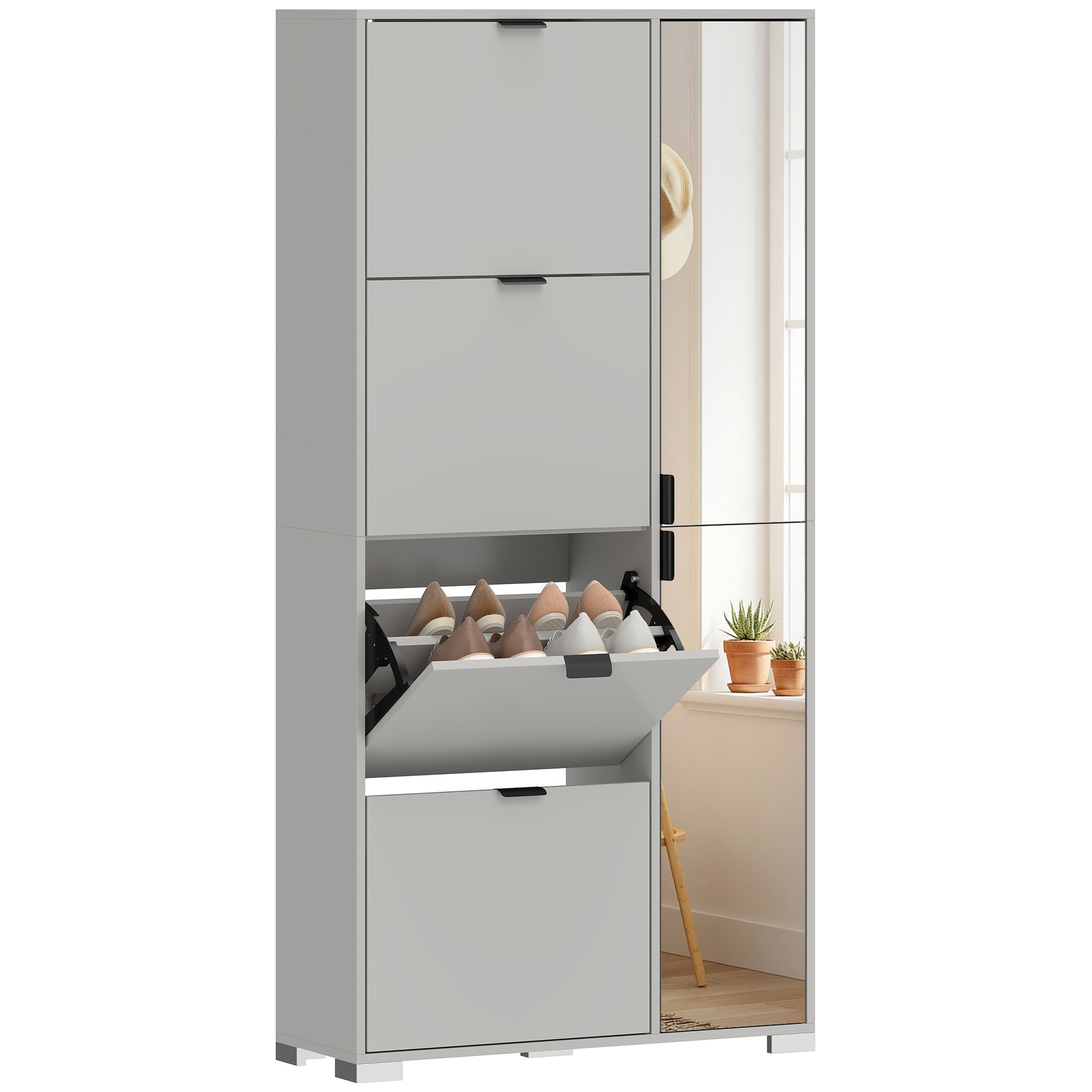 Scarpiera Mit Specchio, 4 Cassetti Ribalta, Scarpiera Ingresso, Grigio