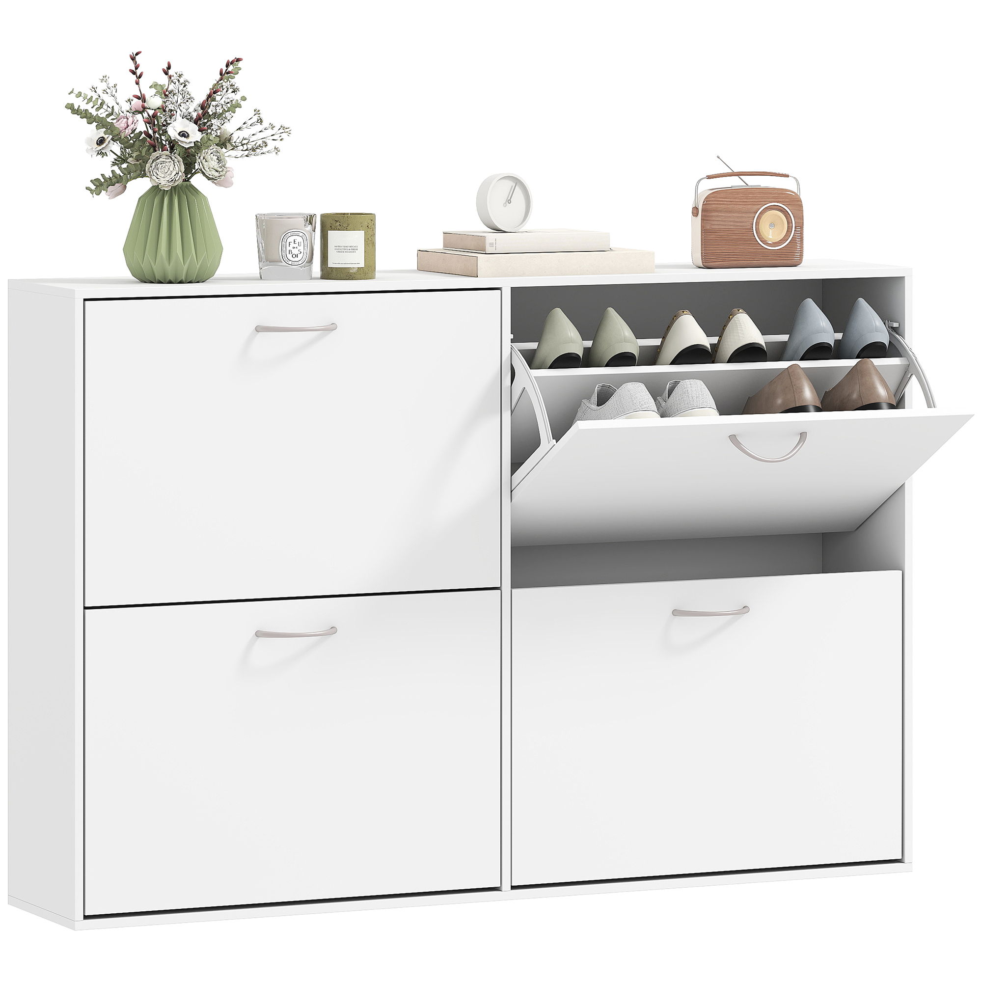 Scarpiera Salvaspazio En Legno Da 16-24 Paia Con 4 Cassetti A Ribalta, 120x24x81 Cm Bianco
