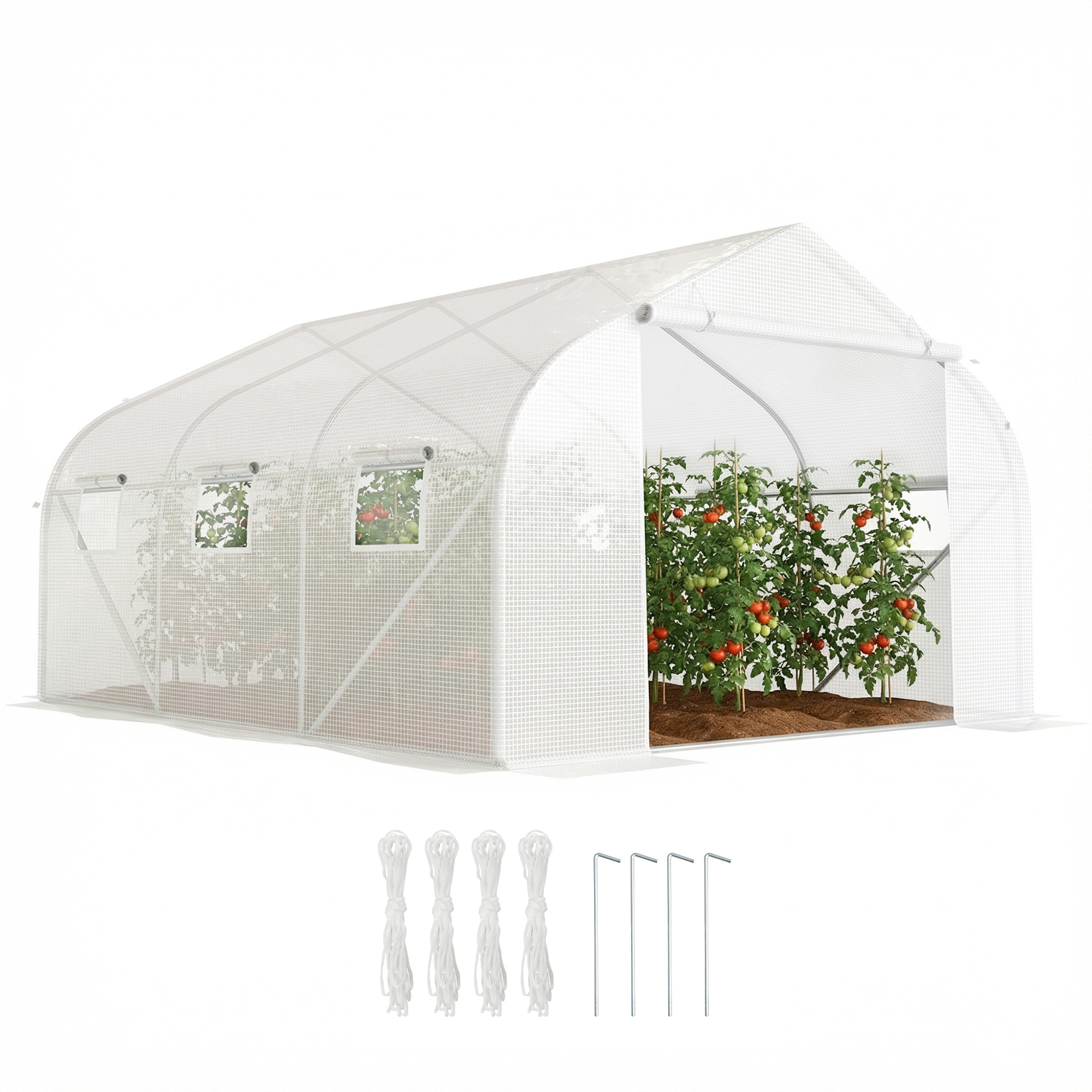 Gartentunnelgewächshaus 445 X 300 X 205 Cm Mit 6 Fenstern Und Weißer 140 G/m² Pe-polyethylen-folie