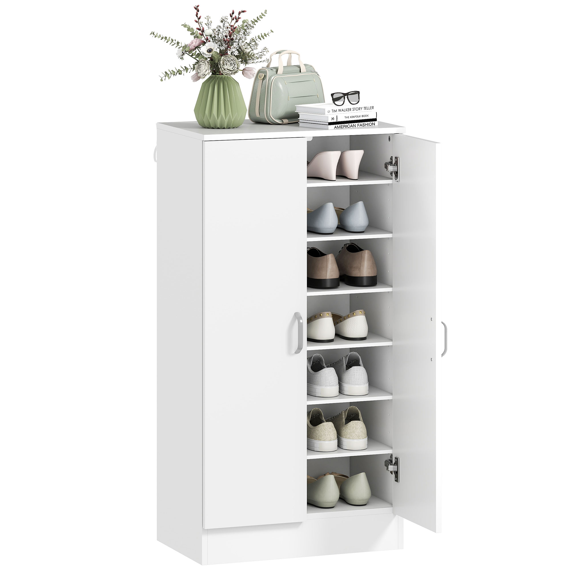 Schuhschrank Für Den Eingangsbereich Mit 2 Türen Und 6 Verstellbaren Einlegeböden Für 14 Paar Schuhe, 55 X 35 X 108 Cm, Weiß