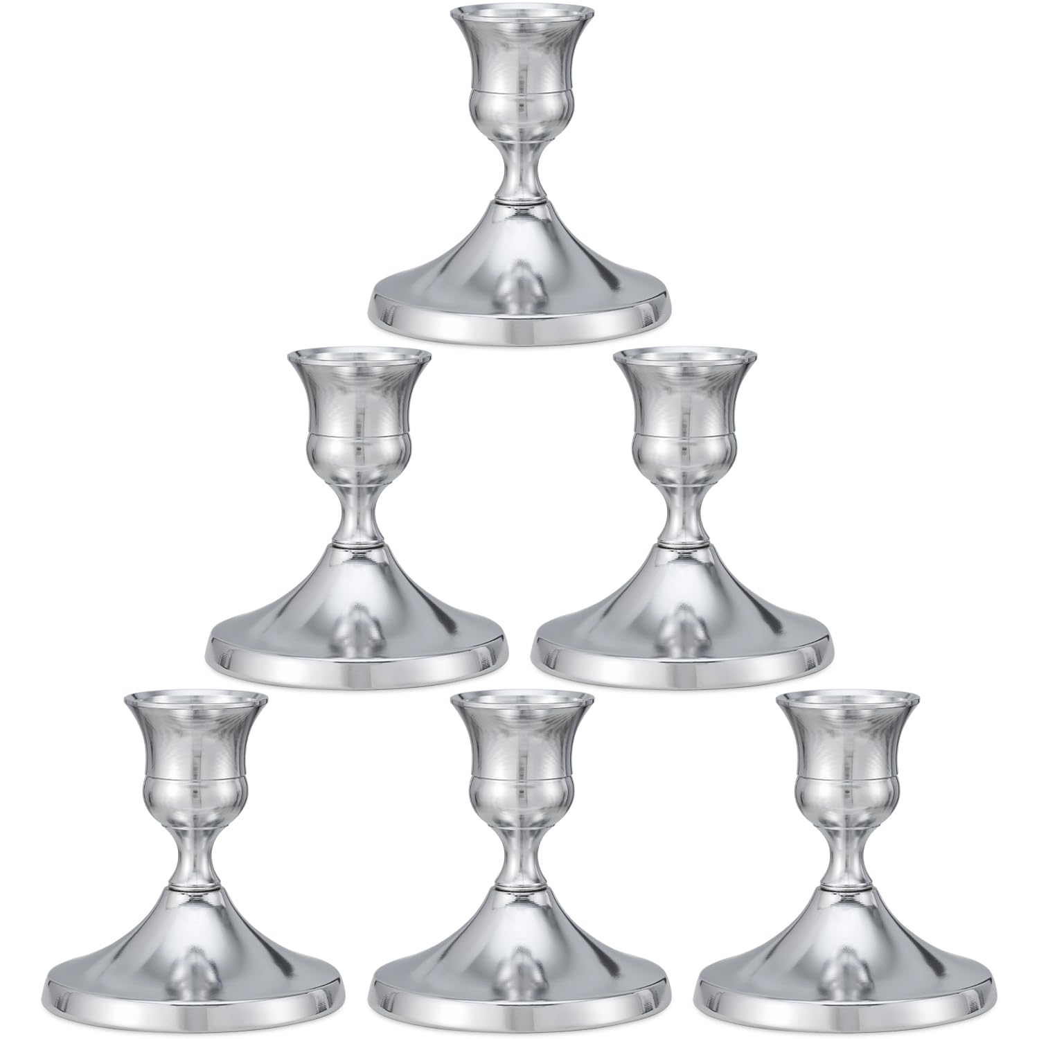 Ein Set Aus 6 Konischen Kerzenständern Aus Silberfarbenem Metall, Perfekt Für Tischdekoration, Weihnachten Und Als Wohnaccessoire.
