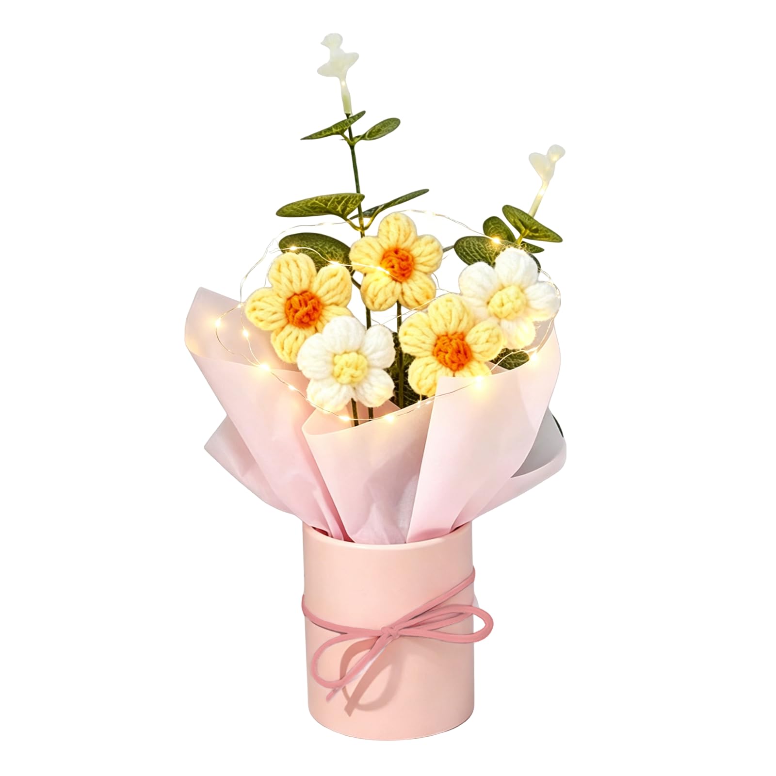 Handgehäkelte Künstliche Blumensträuße Mit Lichterketten, Gestrickte Sträuße – Gelb
