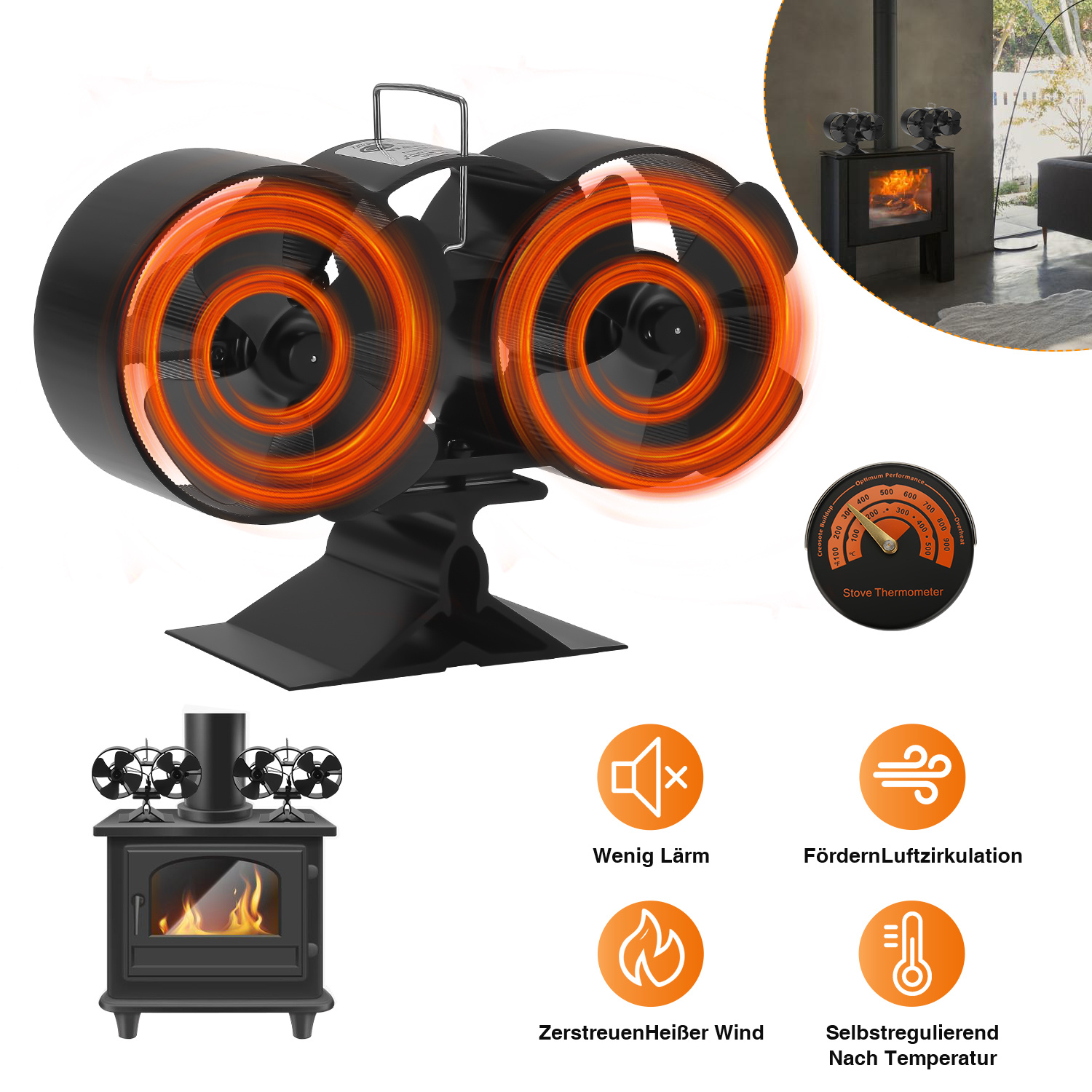 Wolketon Kaminofen Ofenventilator Holzofen Stromloser Kaminrohr Ventilator Flügel Lüfter