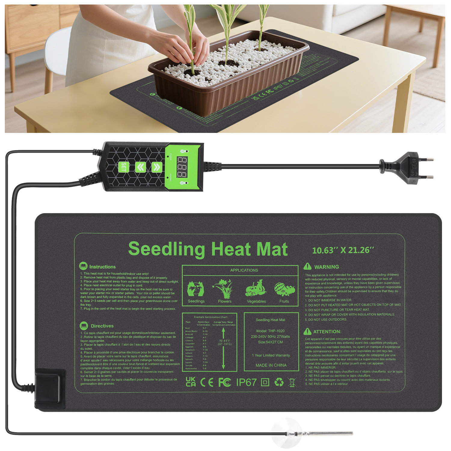 Wolketon Anzuchtmatte 55×27 Cm Mit Thermostat Und Temperaturfühler, 27w, Ip67