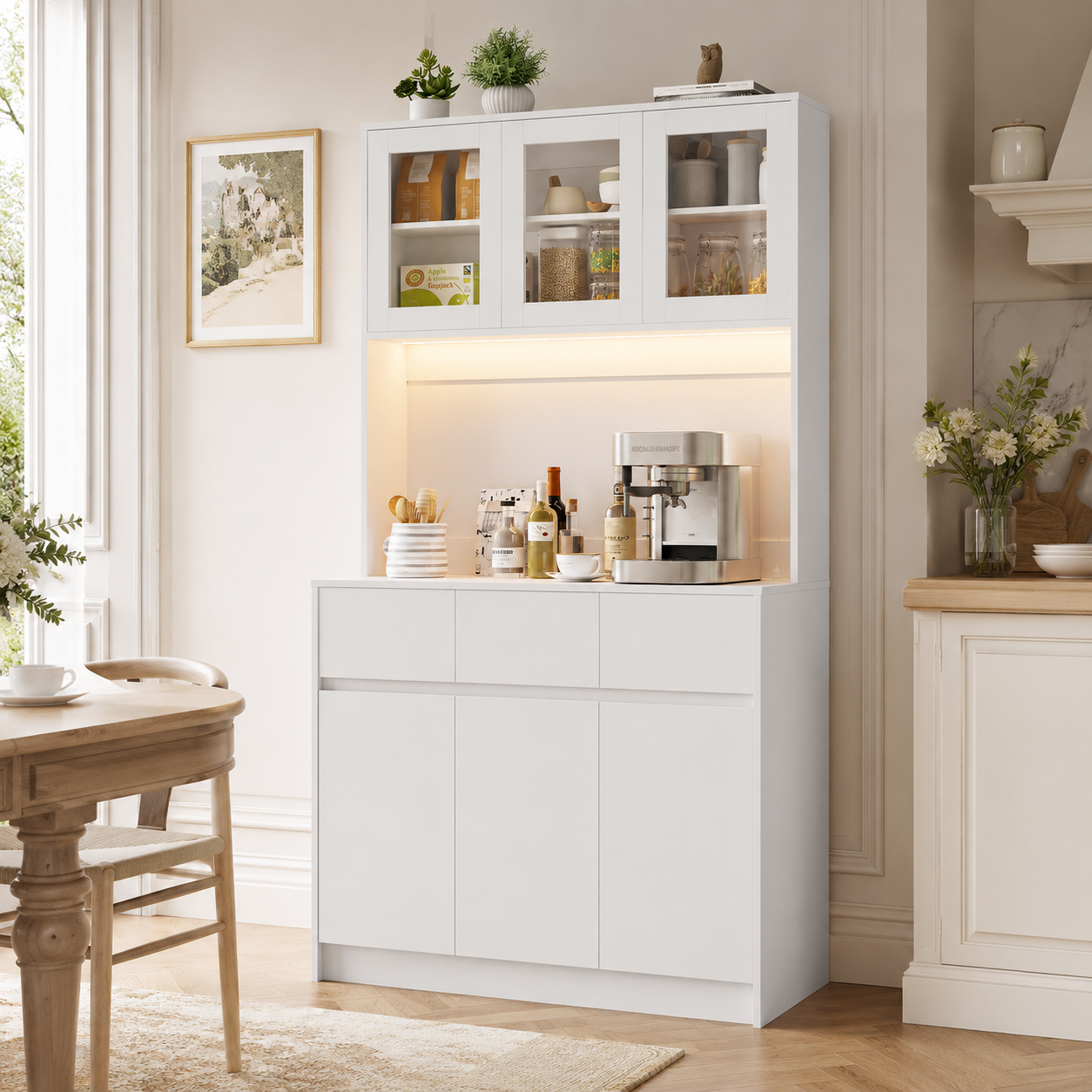 Küchensideboard Wumagin, Mit 6 Türen & 3 Schubladen, 178x40x98 Cm, Mit Led, Steckdosen & Usb, Für Küche & Esszimmer, Weiß