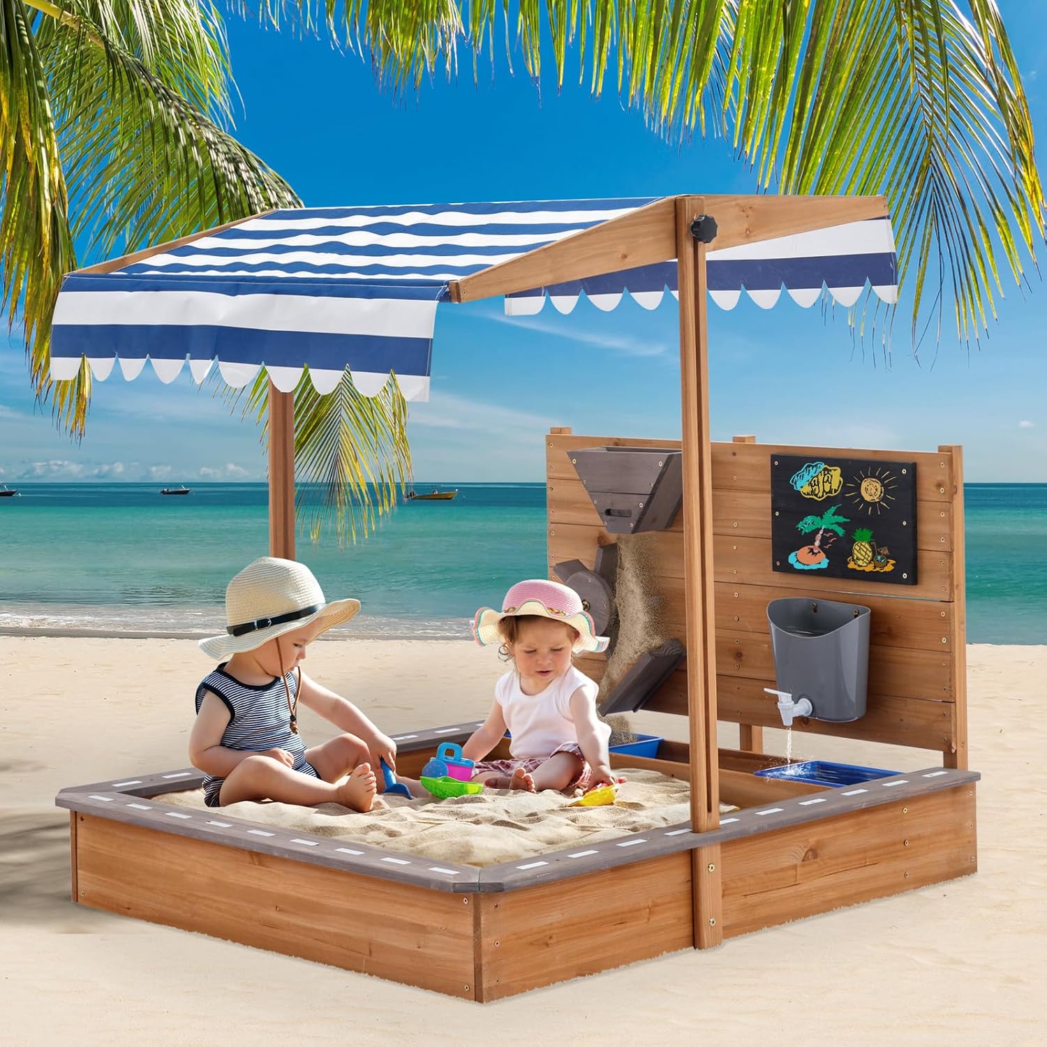 Holz Sandkasten Für Kinder Wumagin, Mit Verstellbarem Sonnendach, Uv-schutz, 103x114x110 Cm, Für Haus, Garten & Strand