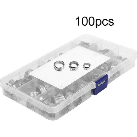 1. Set Mit 100 Edelstahl-schlauchschellen Mit Einem Ohr, Ohne Gewinde, Sortiert Für Rohre. 2. Packung Mit 100 Edelstahl-schlauchschellen Zum Anschrauben, Mit Einem Ohr, Ohne Halterungen.