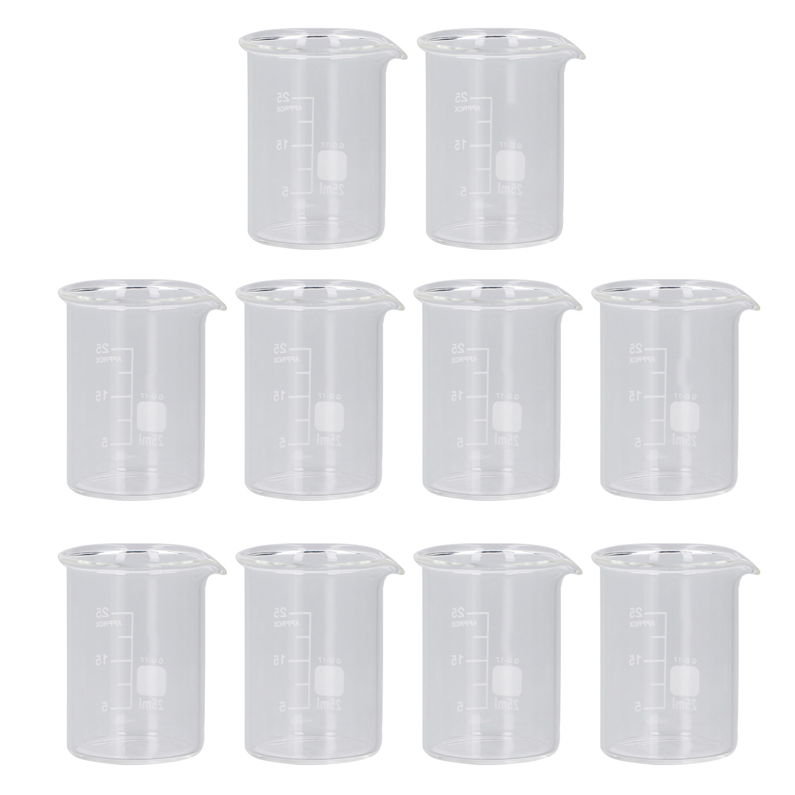 Set Aus 10 Graduierten 25ml Glasbechern, Messbechern Für Experimente, Wissenschaftlichem Lehrmaterial Mit Skala.