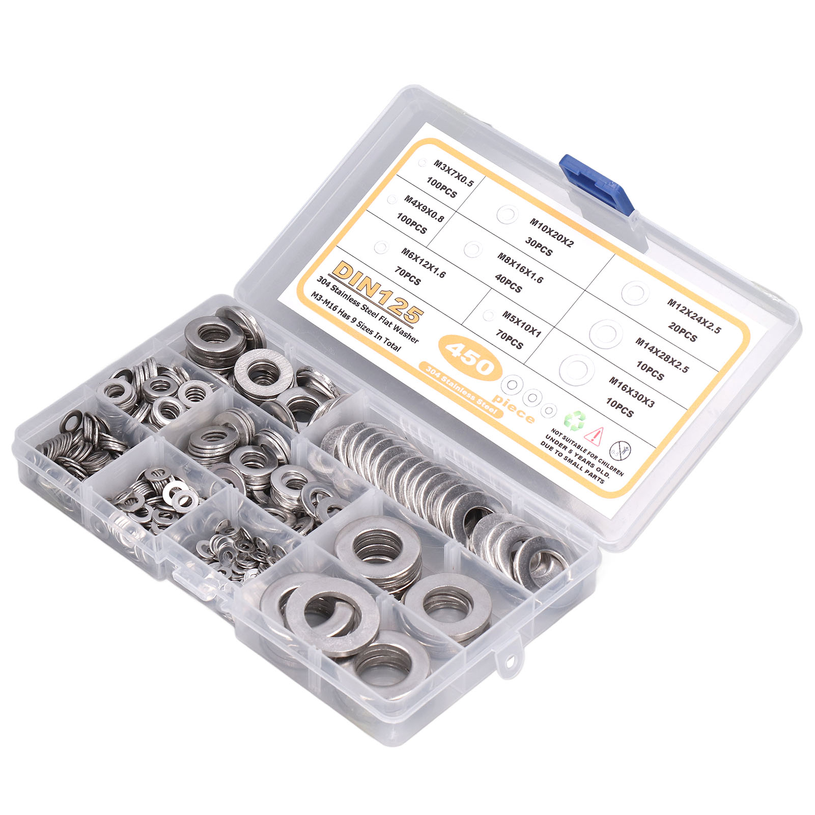 Flache Unterlegscheiben Aus Edelstahl 304, M3, M4, M5, M6, M8, M10, M12, M14, M16, Packung Mit 450 Stück, Passendes Schraubenset