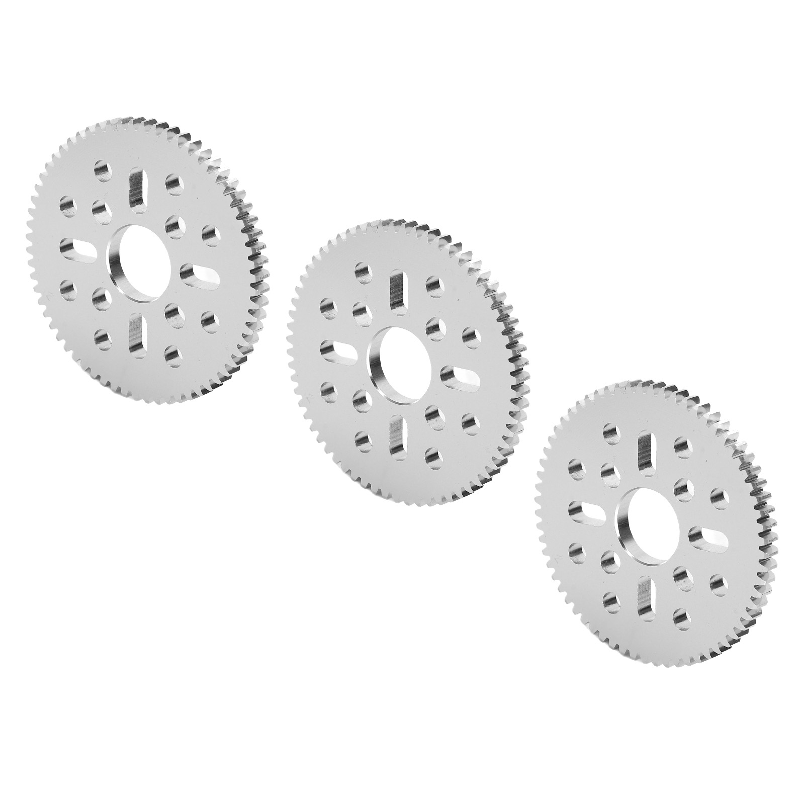 Satz Von 3 Geradverzahnten Zahnrädern, 4 Langlöcher Und 12 Rundlöcher, Modul 0,8, Mittenbohrung 14 Mm, Dicke 4 Mm, Referenz 4312-0414-0064.