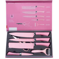 Set Mit 6 Farbigen Küchenutensilien Mit Ergonomischen, Rosafarbenen Griffen Und Beschlägen