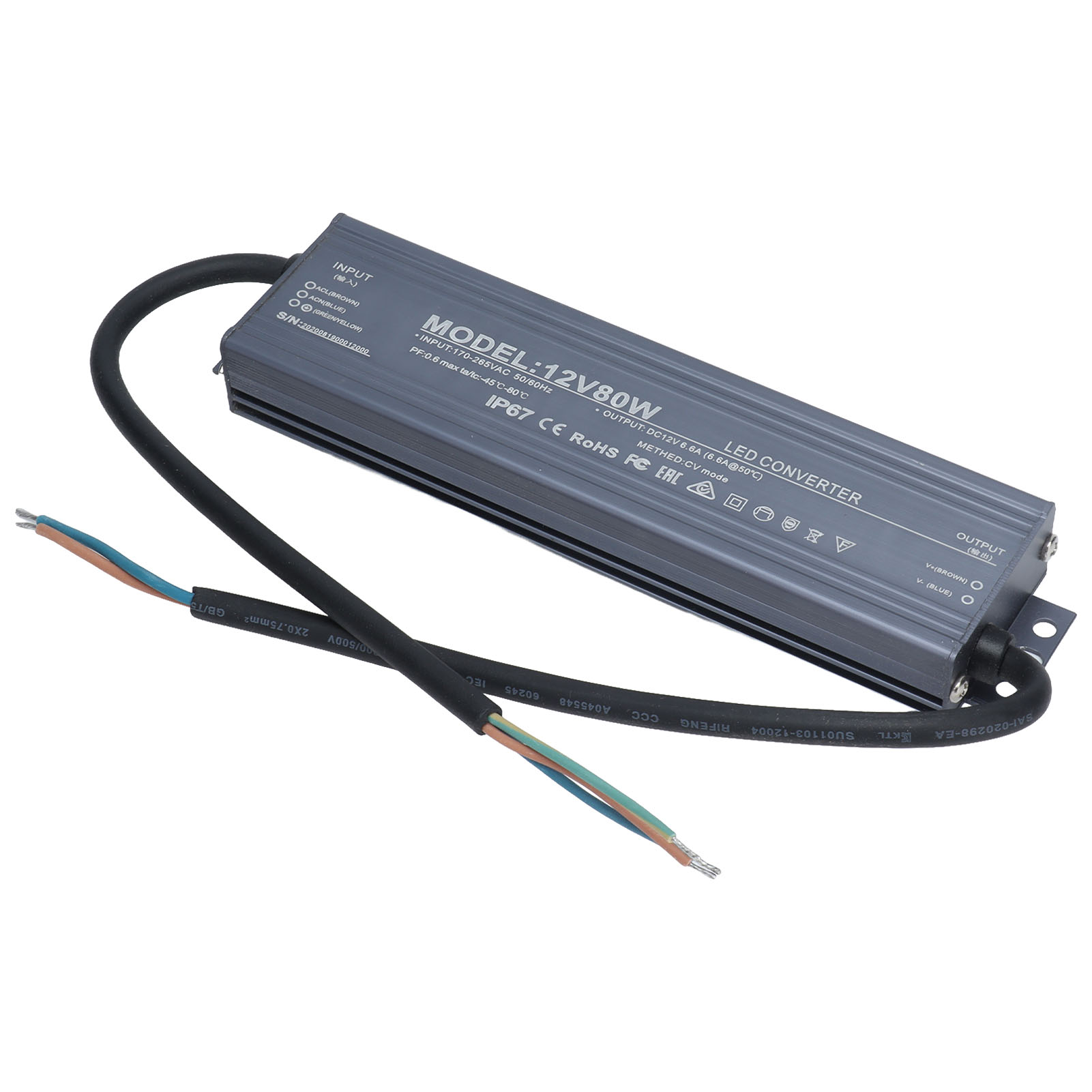 Ip67 Wasserdichter Transformator Für Led, 12v 6,6a Wandler, Ac170-265v Eingang, Wasserdichtes Netzteil, 80w Wasserdichter Treiber, Für Den Innen- Und Außenbereich Geeignet.