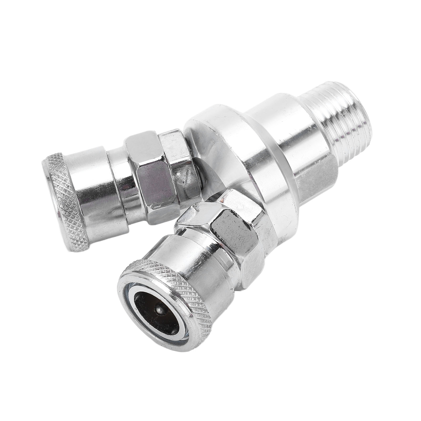Zweiwege-schnellkupplung G1/2, Verchromter Stahl, Drehbarer Luftabscheider, Pneumatische Verschraubung, Doppelanschluss, 1/2"-gewindeende, Vernickeltes Metallteil, Werkstatteinsatz
