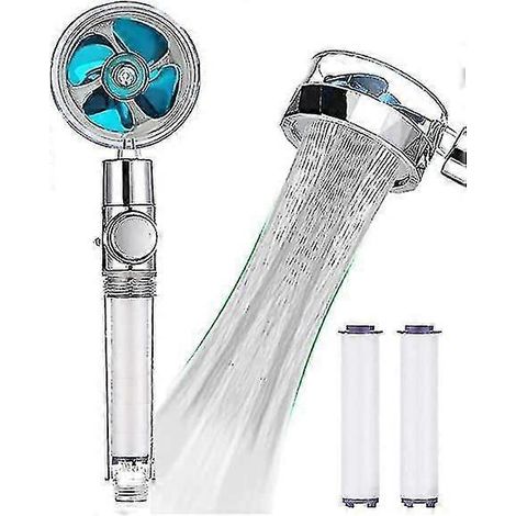 Turbogeladener Handduschkopf, Propellerduschkopf, Hoher Wasserdruck, Wassersparend, Mit Pausentaste, 360°-drehung – Blau