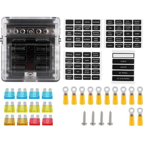 6-facher 12v-24v-sicherungskasten Für Die Kfz-elektrik, Inklusive Flachsicherungshalter Mit Klemmen Und Sicherungen