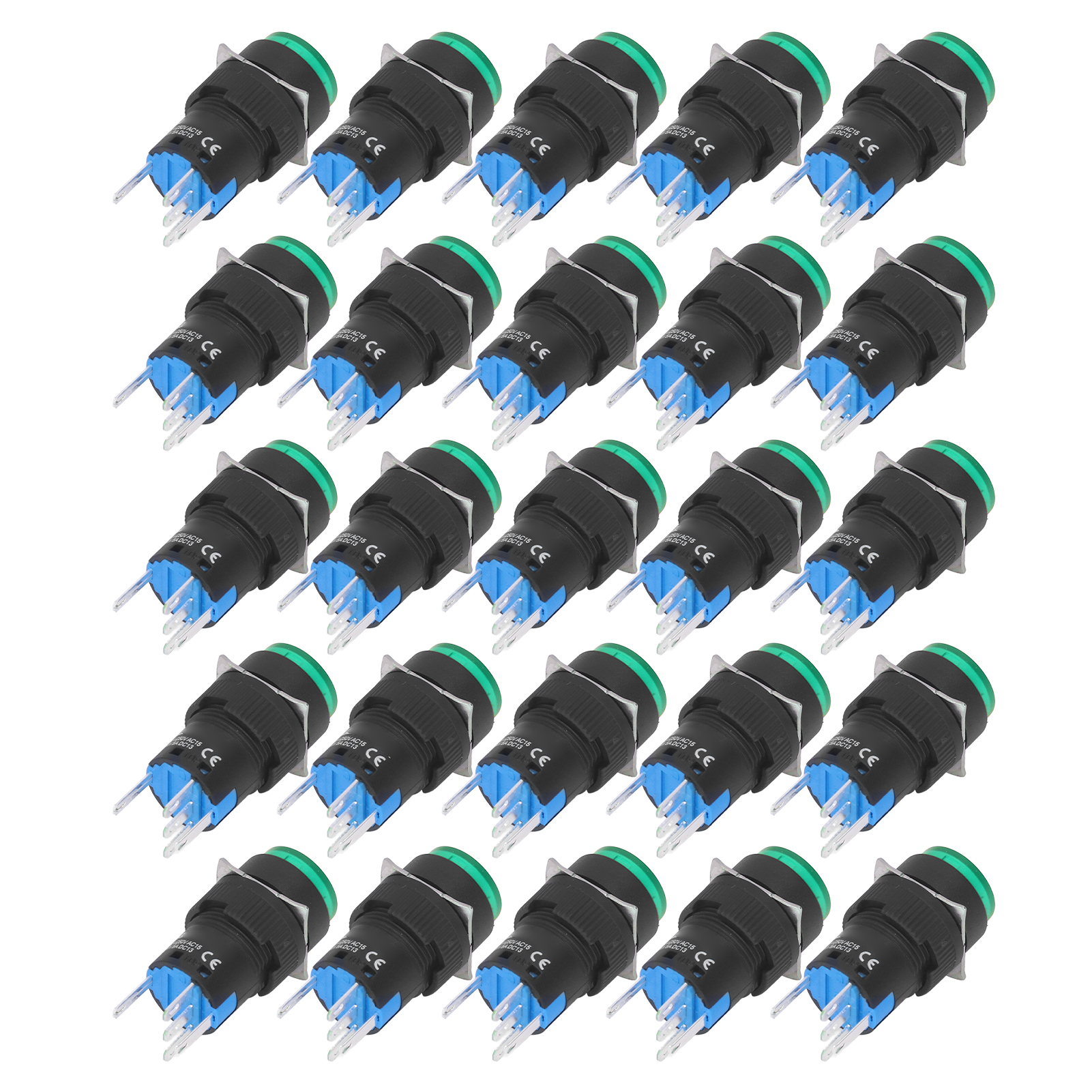 Runder 16-mm-drucktaster Mit 5 Pins, Selbstverriegelung Und Grüner Kontrollleuchte, 220 V, Beleuchteter Netzschalter, 25er-packung