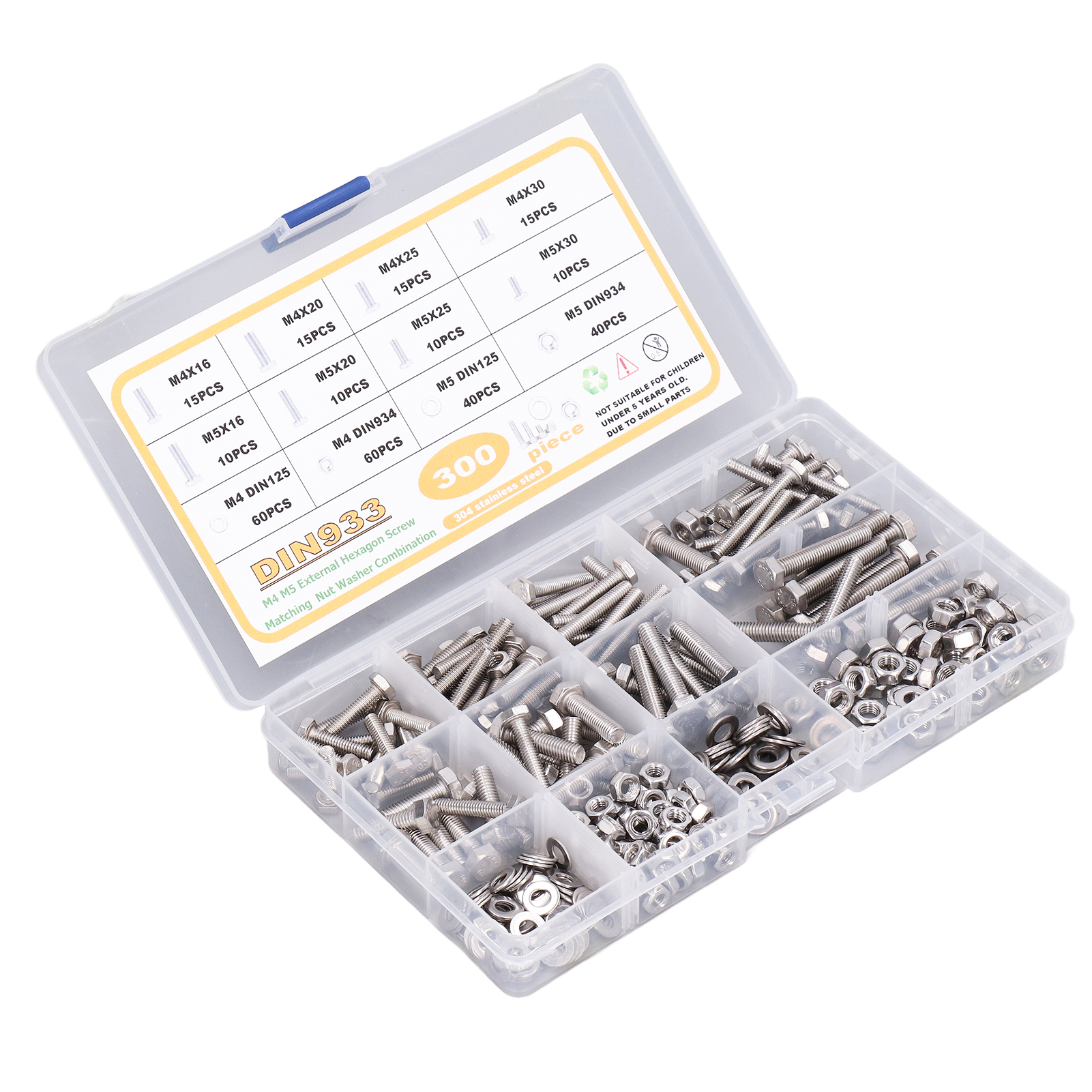 Packung Mit 300 M4/m5-sechskantschrauben Aus Edelstahl Din 933, Muttern Din 934 Und Unterlegscheiben Din 125 Zur Reparatur Von Möbeln Und Mechanischen Instrumenten