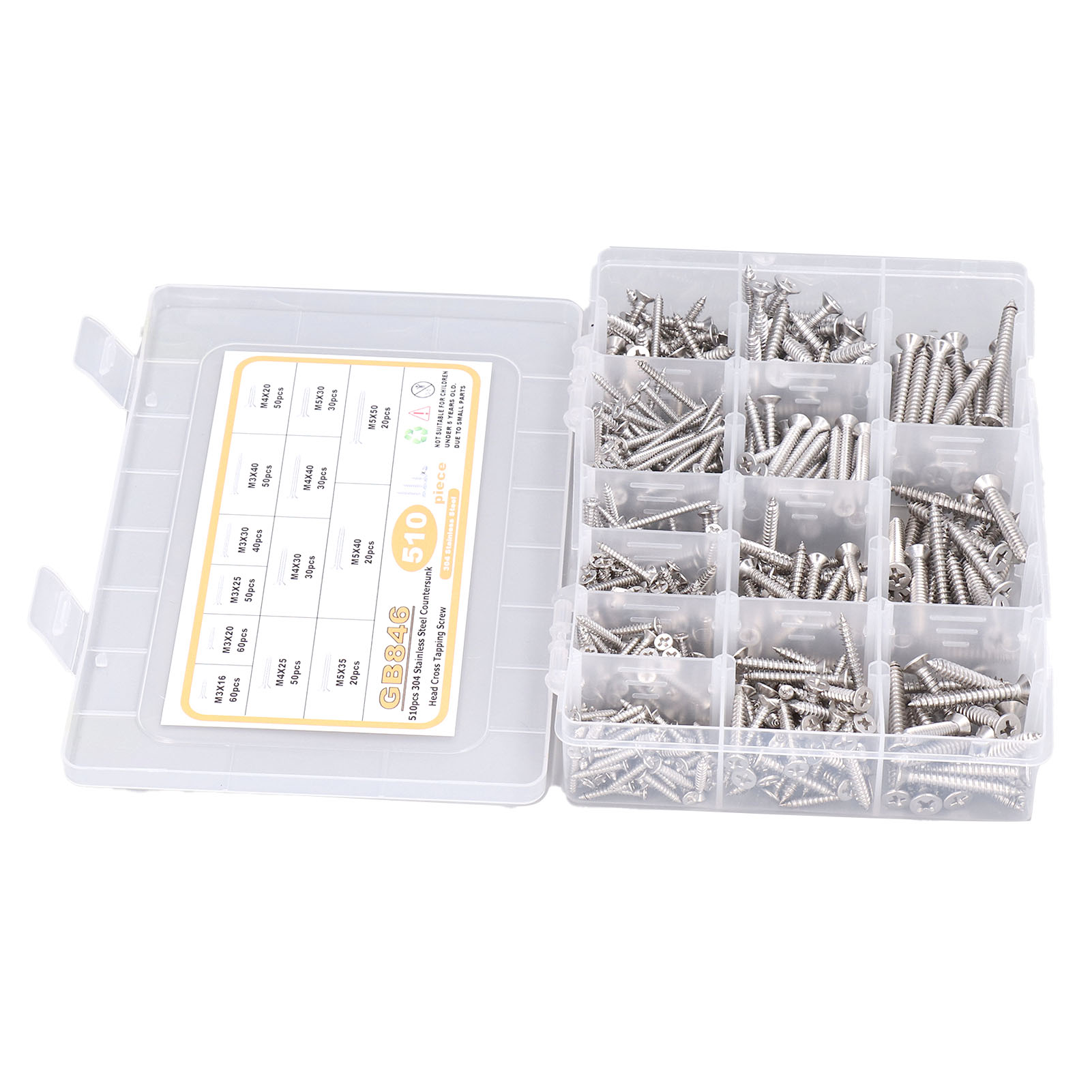 Kit 510 Senkkopfschrauben Aus Edelstahl 304, Selbstbohrend, Kreuzschlitz, Sortiment M3 M4 M5, Diverse Schrauben.