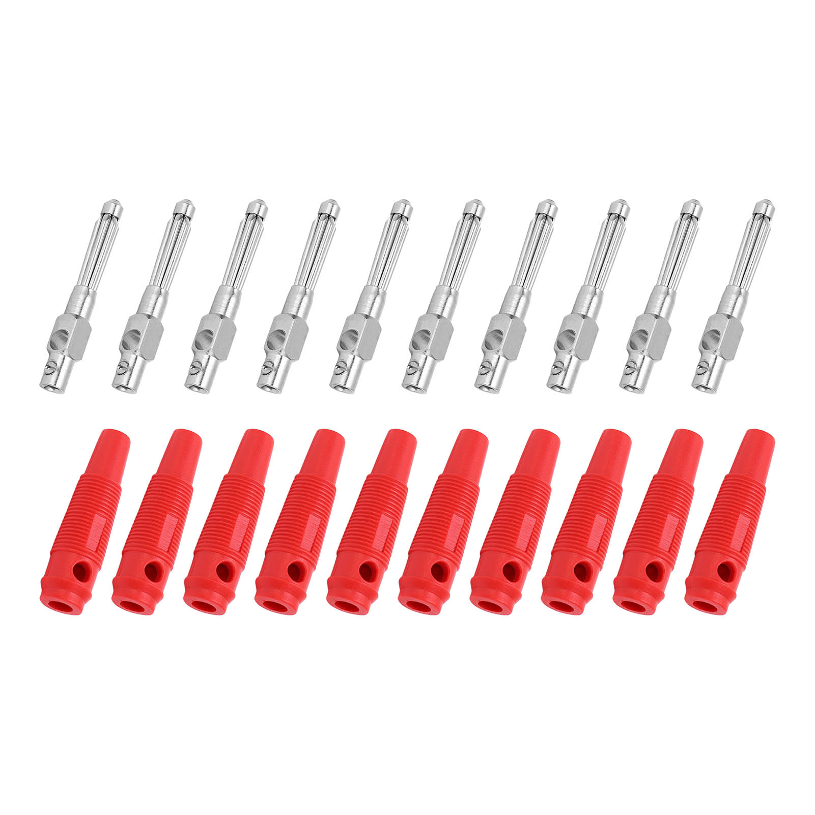 Packung Mit 10 Stapelbaren 4-mm-7-poligen Bananensteckern (männlich), Kupfer, 1000 V, 32 A, Mit Flexibler Hülse Und Schraubklemme, Rot