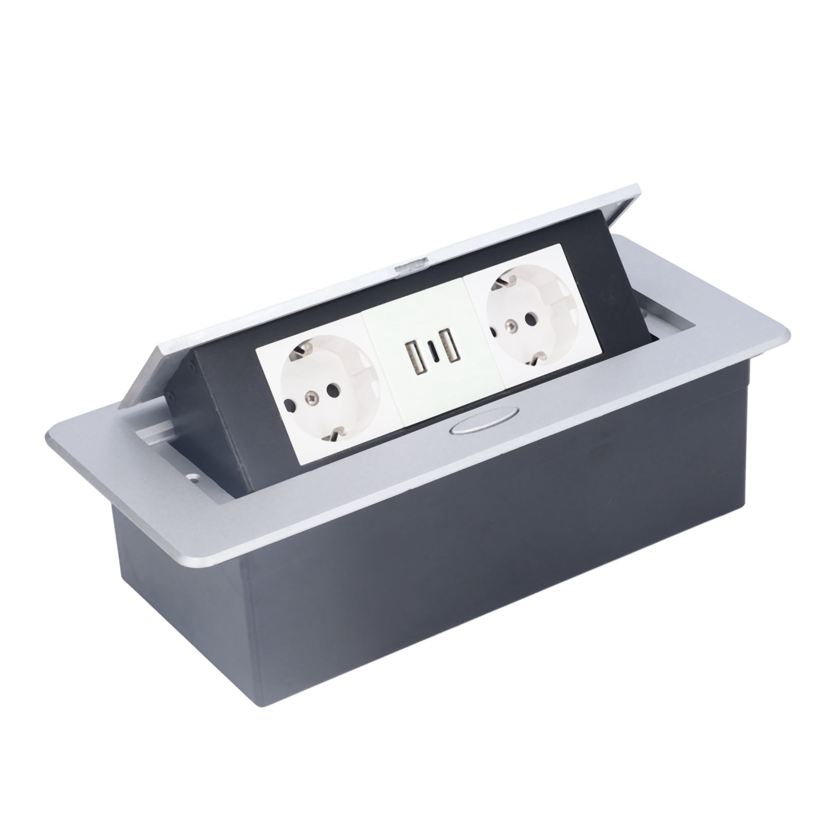 Versenkbare Bodensteckdose, Zwei Usb-anschlüsse + Usb-c, Eu-wandmontage, Schnellladefunktion, Flächenbündiger Einbau, Schwarz, 1 Stück