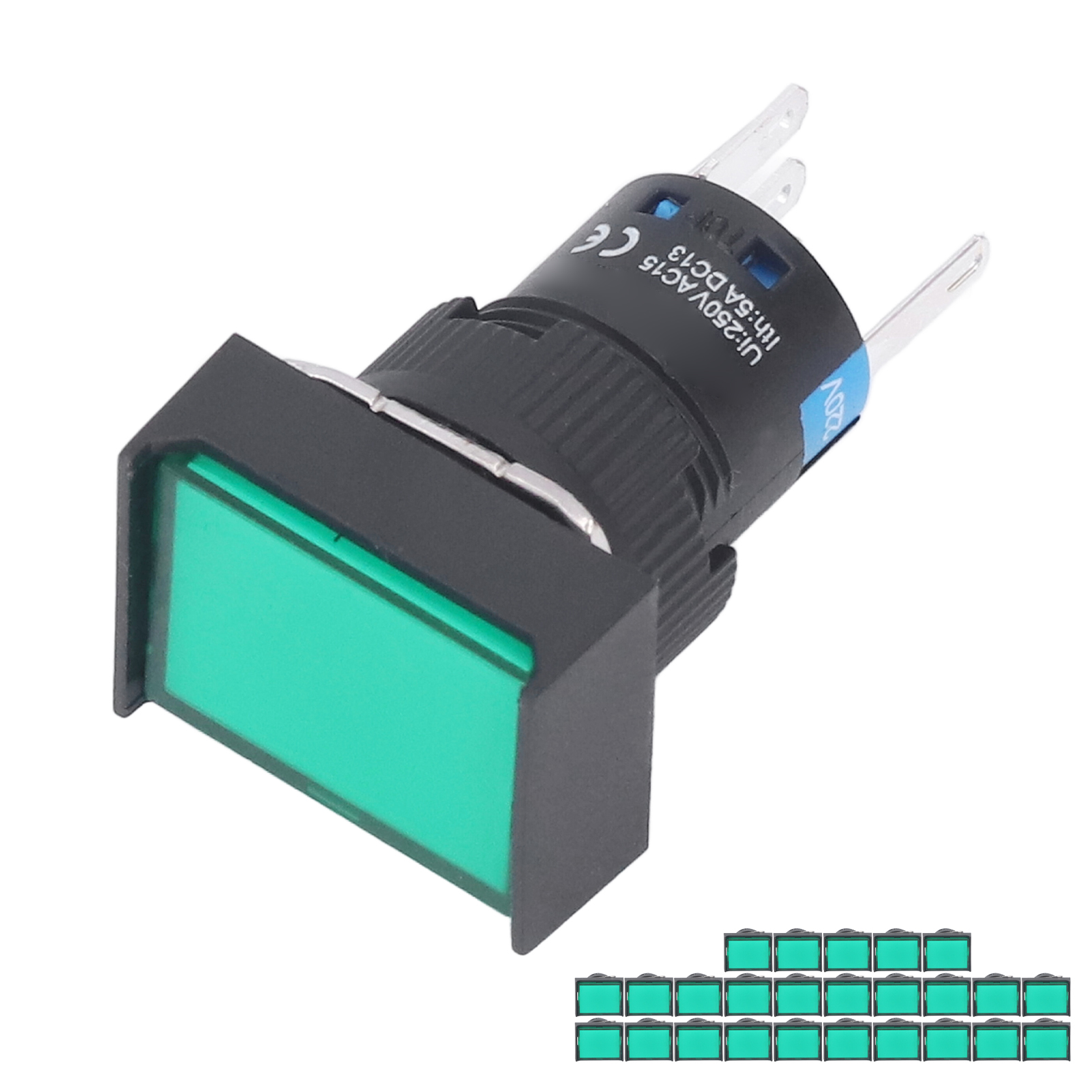 Beleuchteter Drucktaster 25 Stück, Rechteckiger Selbstverriegelnder Schalter 220v, 16mm, Grün, Bemla1611dsj, Momentansteuerung.