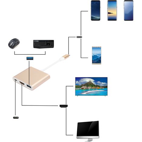 Tragbarer 3-in-1-multifunktions-hdmi-typ-c-adapter Mit Goldfarbenem Metallgehäuse
