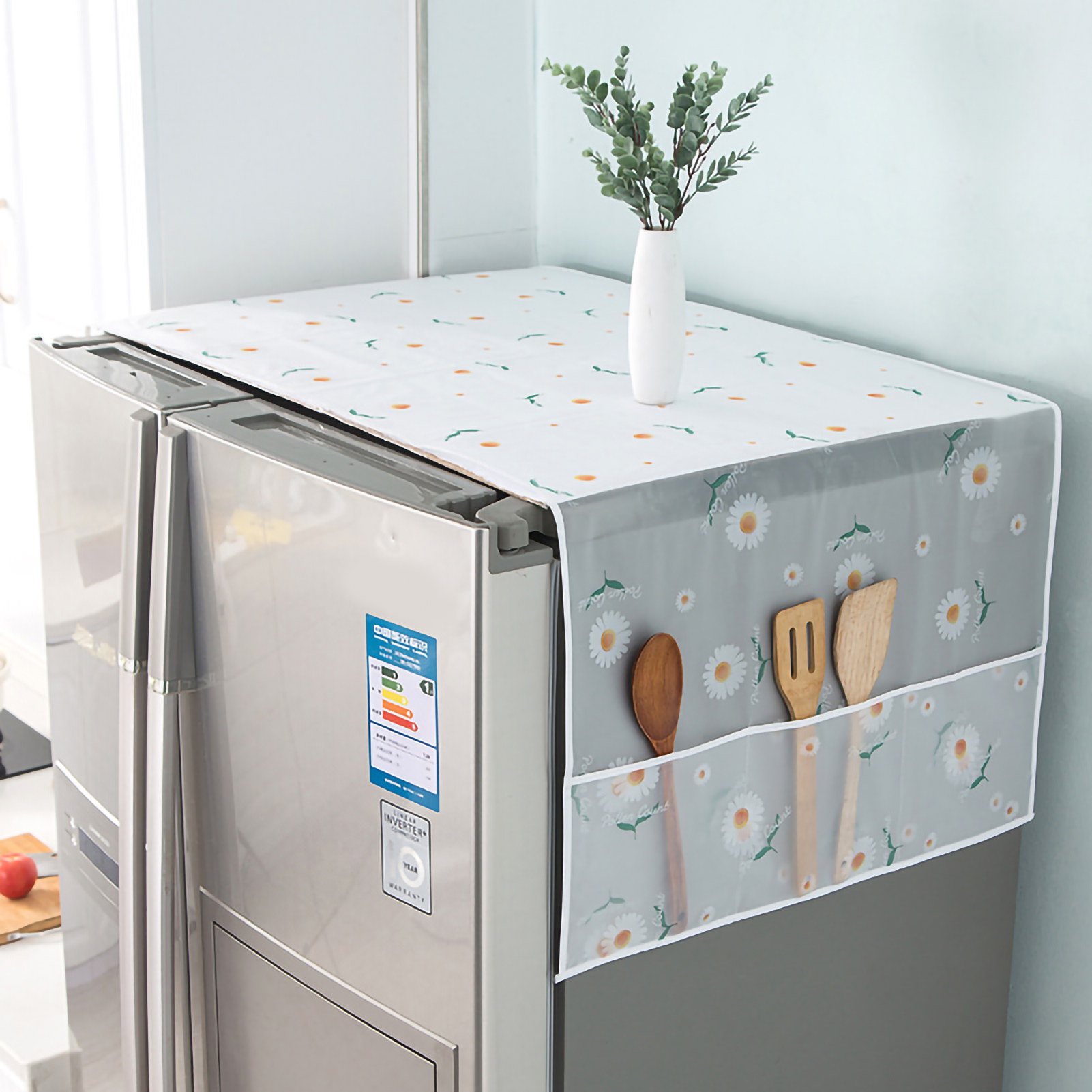 Wasserdichte Peva-kühlschrankabdeckung, Maschinenwaschbar, Mit 3 Taschen, Chrysanthemenmuster, 54 X 130 Cm