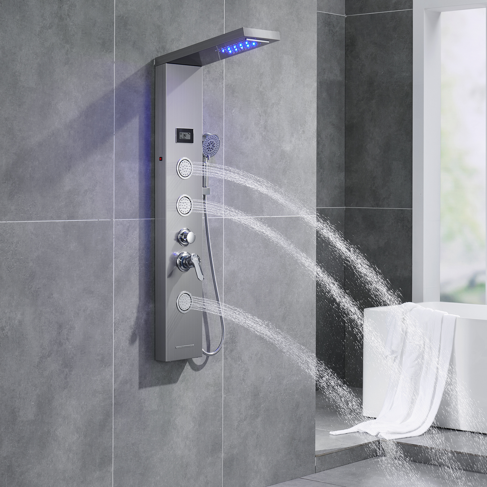 Duschpaneel, Auralum Duschpaneel Led Edelstahl Mit Massagedüsen, Duschamaturenset Regendusche 5 Modi Mit Lcd Display Und Handbrause 5 Funktionen