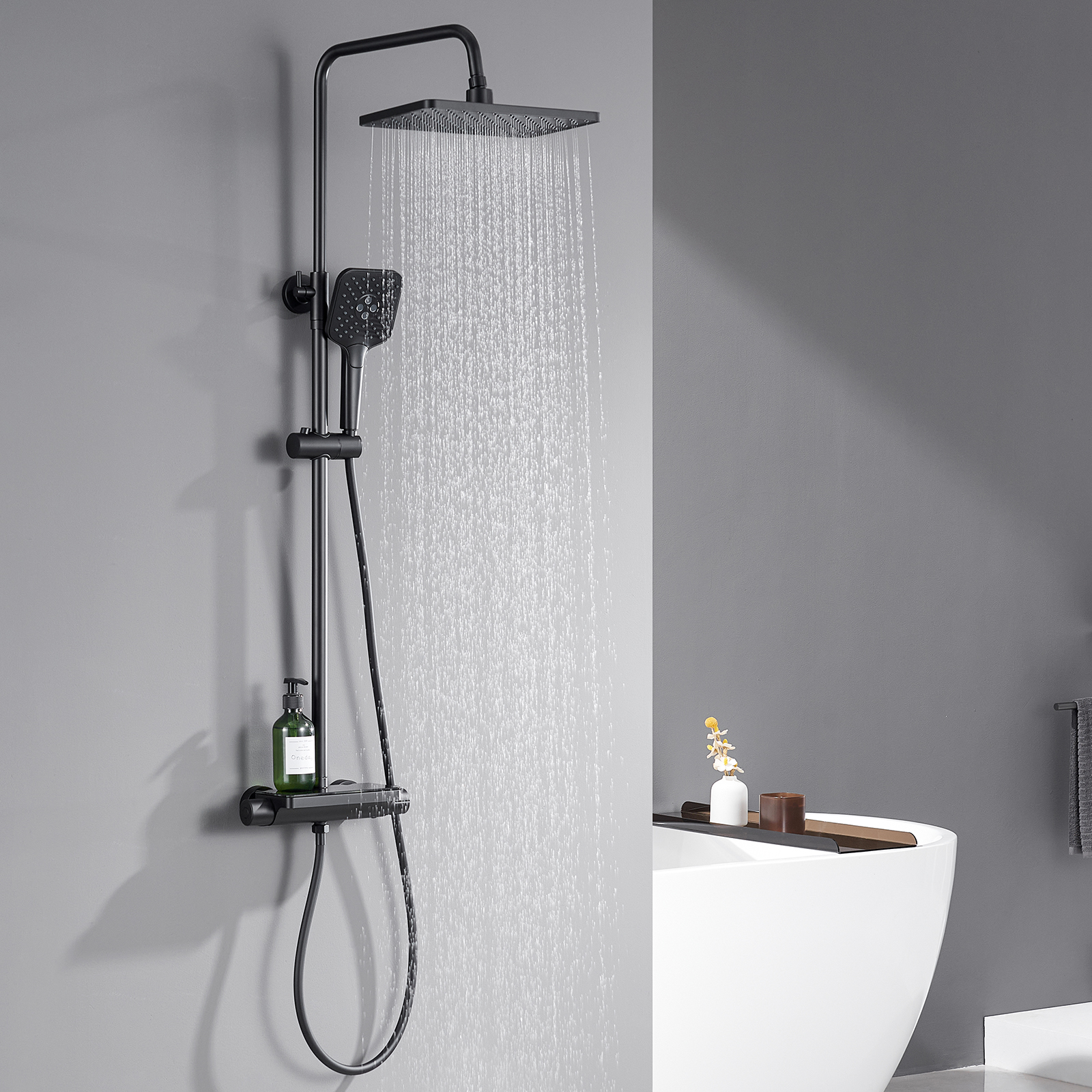 Auralum Duschsystem Mit Thermostat Und Glasablage, Duscharmatur Komplettset Mit 12 Zoll Regendusche Kopfbrause, 3 Strahlarten Duschkopf Wassersparend, Höhenverstellbare Duschstange, Eckig, Schwarz