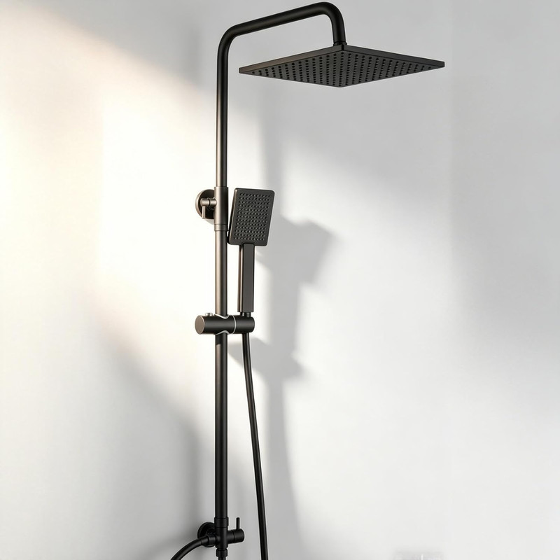 Auralum Max Regendusche Schwarz Ohne Armatur, Duschgarnitur Mit Regendusche Quadratischer Duschkopf 25cmx25cm, Duschsystem Ohne Armatur Höhenverstellbar Duschstange Von 74-109cm Für Badewanne Kabine