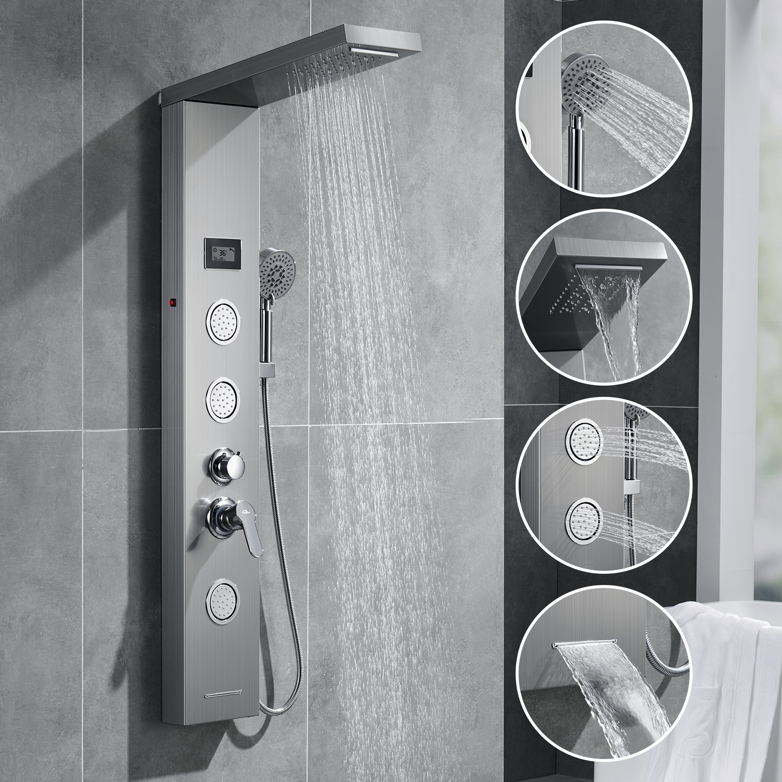Auralum Max Duschsystem Brausegarnitur Lcd Duschpaneel Regendusche Massagedusche , 4 Strahlart(en) Handbrause, Multifunktion Duschpaneel Edelstahl Für Badezimmer Dusche